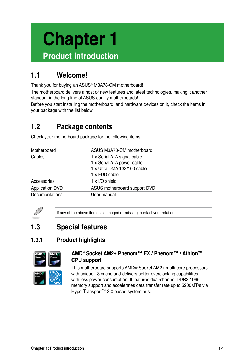 Chapter 1: product introduction, 1 welcome, 2 package contents | 3 special features, 1 product highlights, Product introduction, Welcome! -1, Package contents -1, Special features -1 1.3.1, Product highlights -1 | Asus M3A78-CM User Manual | Page 11 / 62
