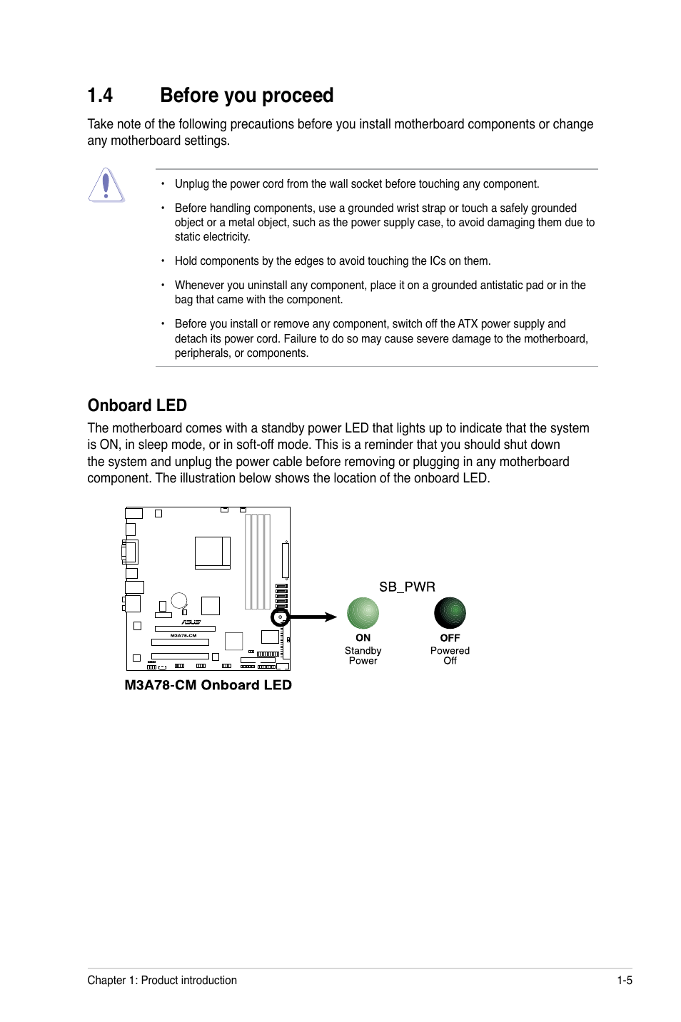 4 before you proceed, Onboard led, Before you proceed -5 onboard led -5 | Asus M3A78-CM User Manual | Page 15 / 62