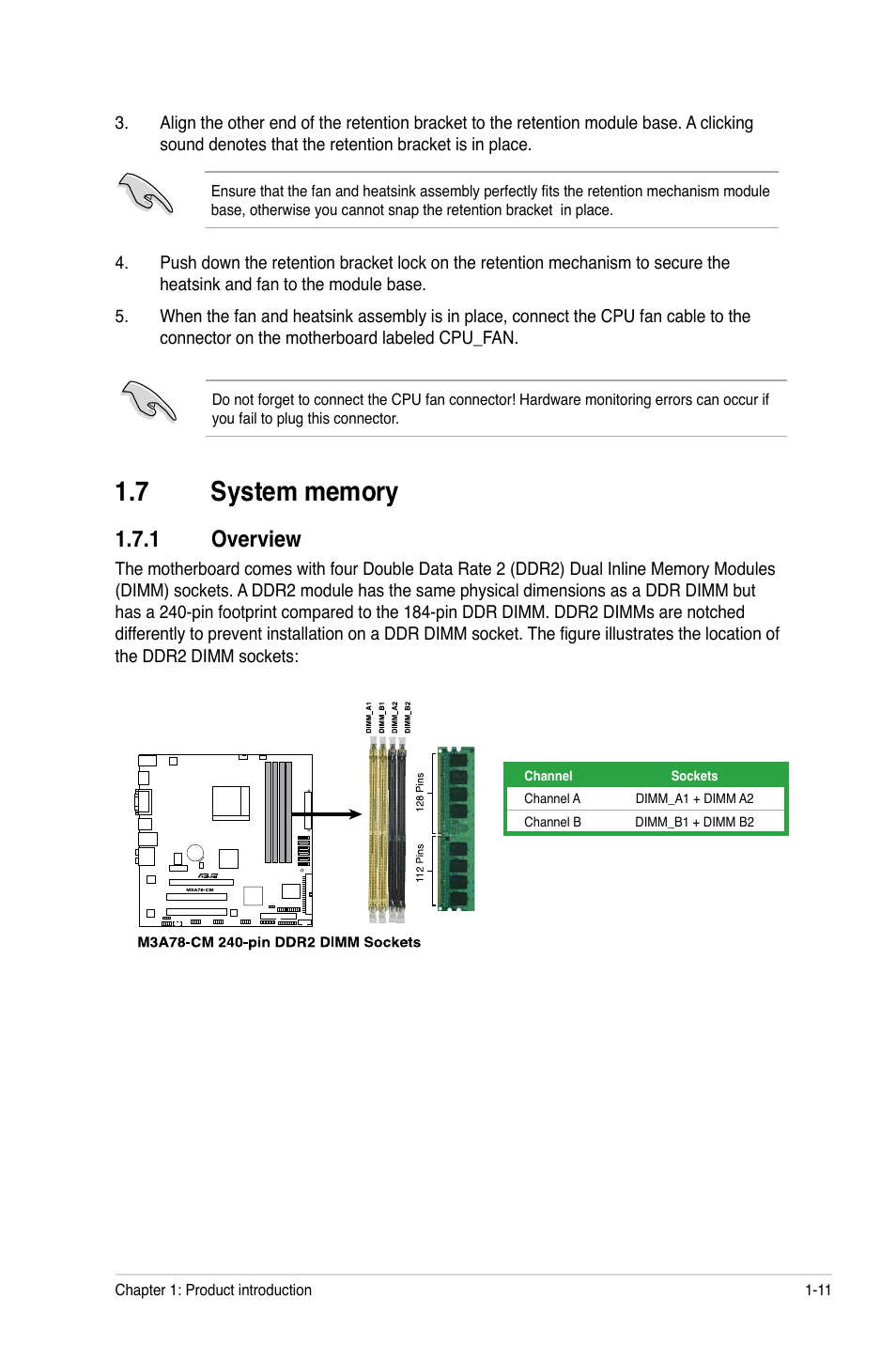 7 system memory, 1 overview, System memory -11 1.7.1 | Overview -11 | Asus M3A78-CM User Manual | Page 21 / 62