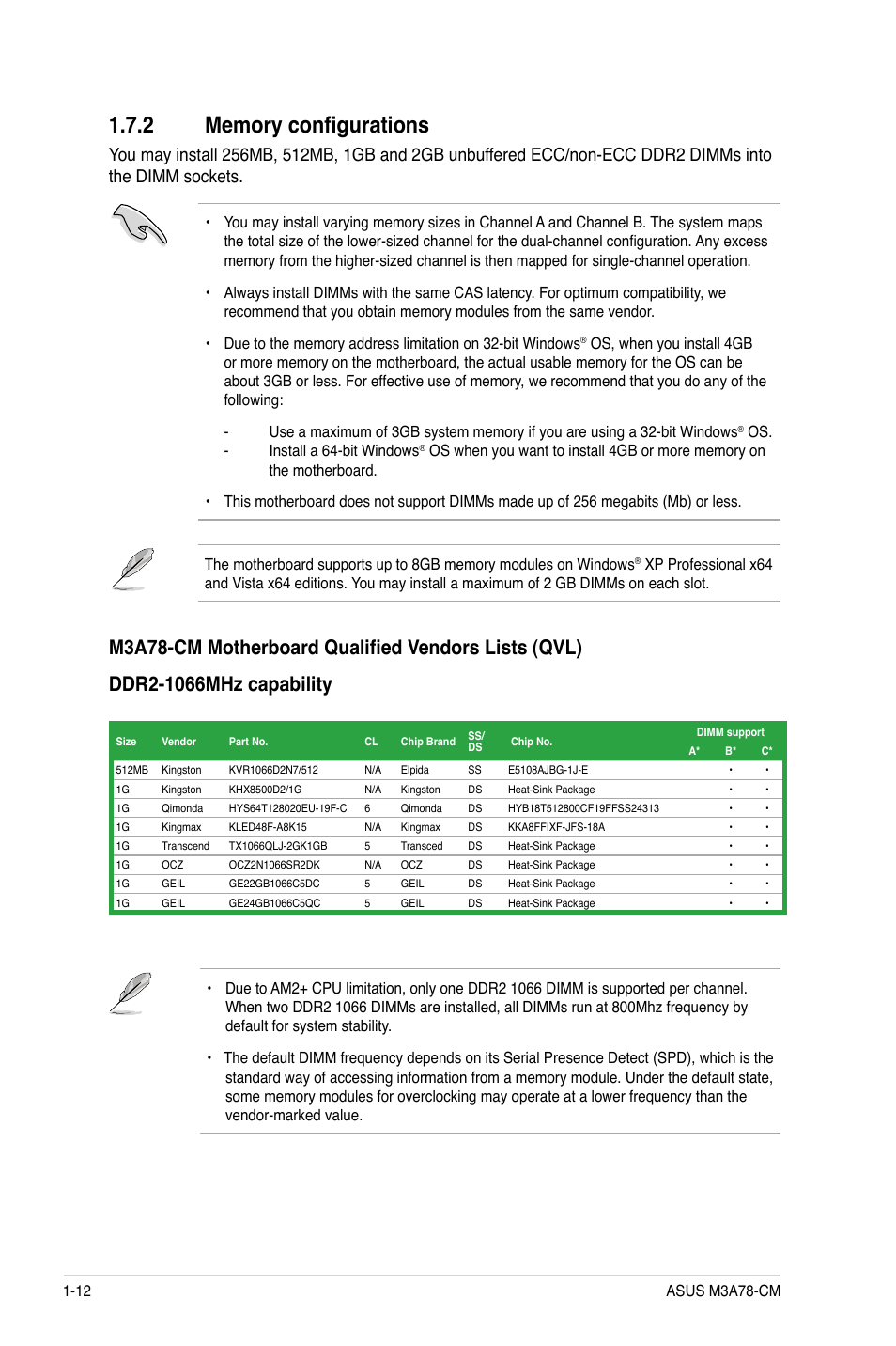 2 memory configurations, Memory configurations -12 | Asus M3A78-CM User Manual | Page 22 / 62