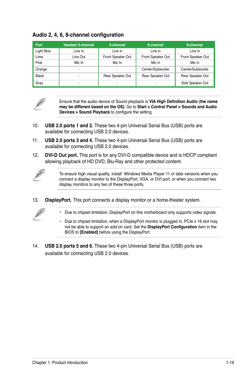 Audio 2, 4, 6, 8-channel configuration | Asus M3A78-CM User Manual | Page 29 / 62