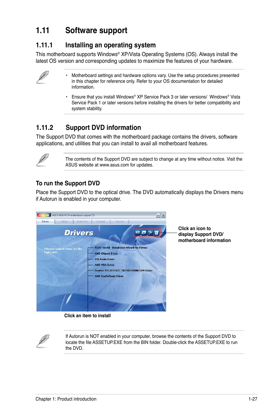 11 software support, 1 installing an operating system, 2 support dvd information | 11 software support -27 | Asus M3A78-CM User Manual | Page 37 / 62