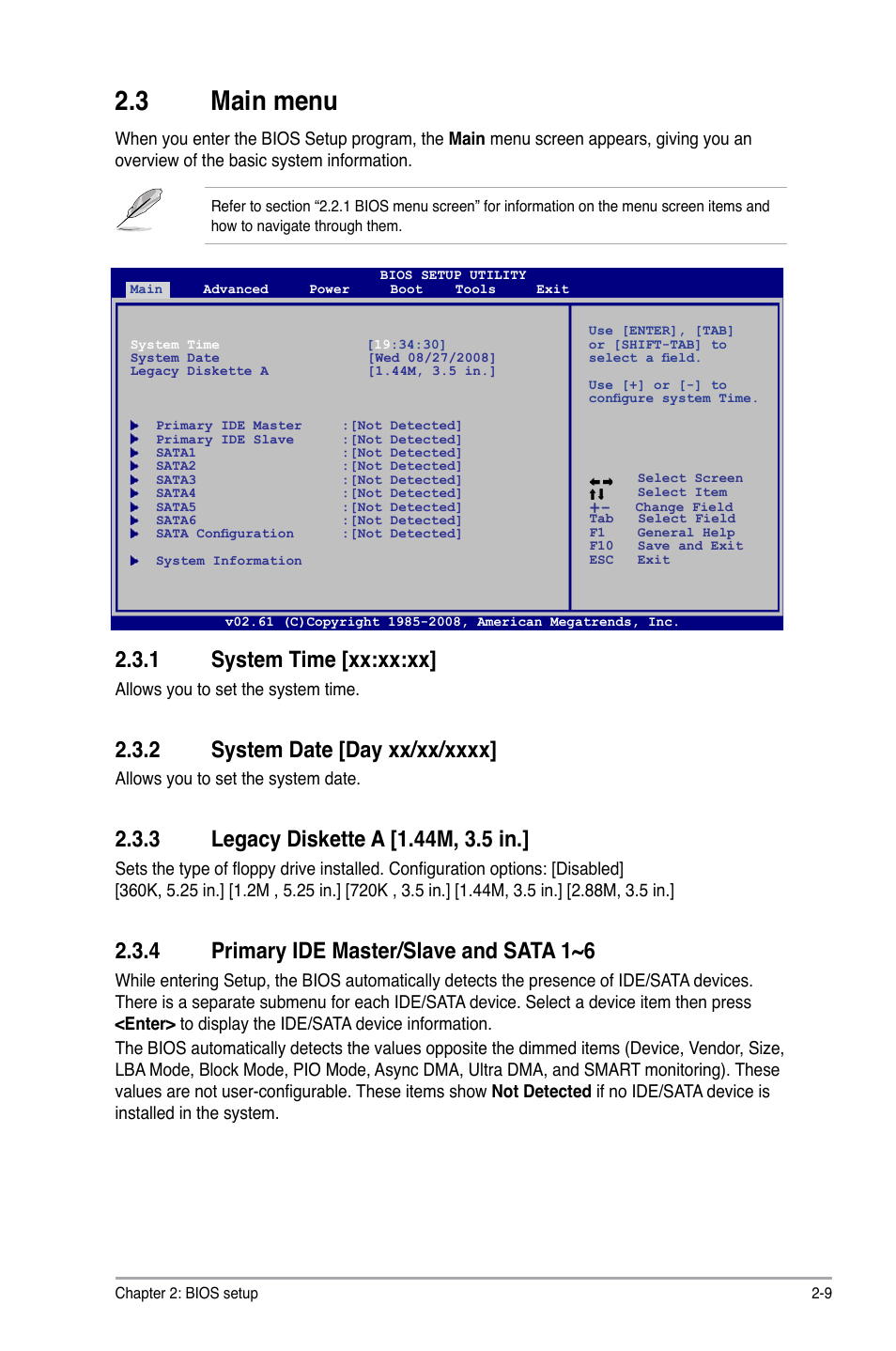 3 main menu, 1 system time, 2 system date | 3 legacy diskette a, 4 primary ide master/slave and sata 1~6, Main menu -9 2.3.1, System time -9, System date -9, Legacy diskette a -9, Primary ide master/slave and sata 1~6 -9 | Asus M3A78-CM User Manual | Page 47 / 62