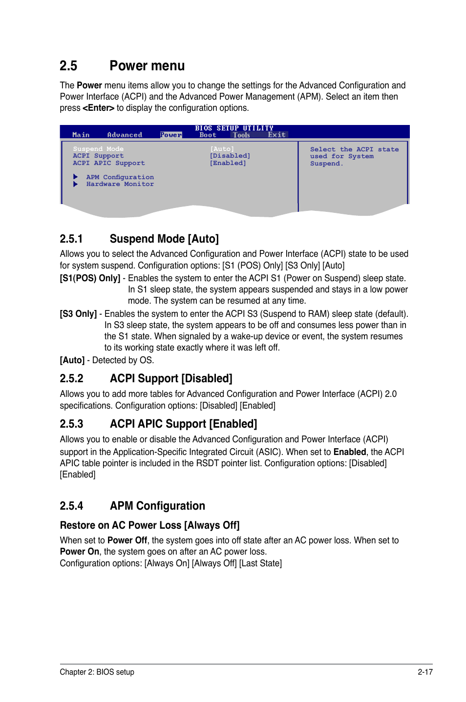 5 power menu, 1 suspend mode, 2 acpi support | 3 acpi apic support, 4 apm configuration, Power menu -17, Suspend mode -17, Acpi support -17, Acpi apic support -17, Apm configuration -17 | Asus M3A78-CM User Manual | Page 55 / 62