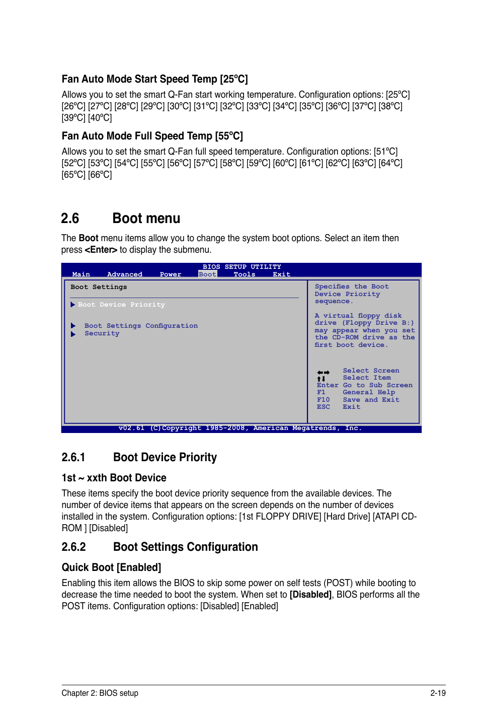 6 boot menu, 1 boot device priority, 2 boot settings configuration | Boot menu -19 2.6.1, Boot device priority -19, Boot settings configuration -19, 1st ~ xxth boot device, Quick boot [enabled, Fan auto mode start speed temp [25ºc, Fan auto mode full speed temp [55ºc | Asus M3A78-CM User Manual | Page 57 / 62