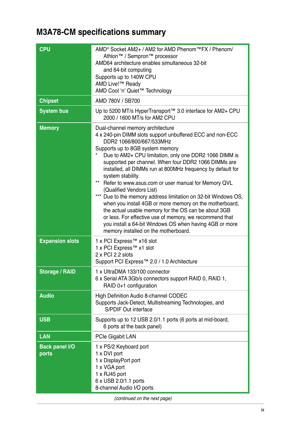 M3a78-cm specifications summary | Asus M3A78-CM User Manual | Page 9 / 62