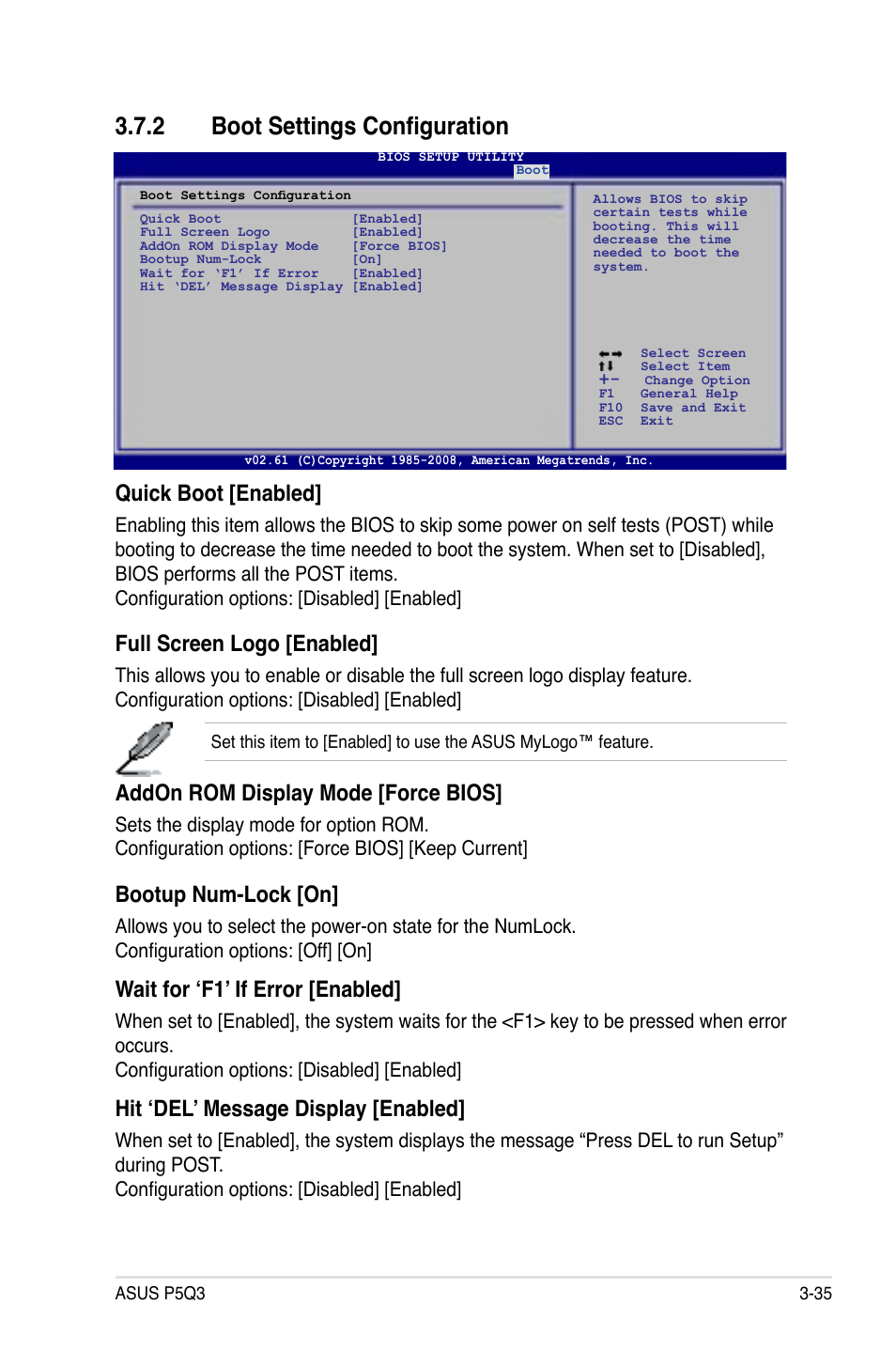 2 boot settings configuration, Boot settings configuration -35, Quick boot [enabled | Full screen logo [enabled, Addon rom display mode [force bios, Bootup num-lock [on, Wait for ‘f1’ if error [enabled, Hit ‘del’ message display [enabled | Asus P5Q3 User Manual | Page 101 / 172