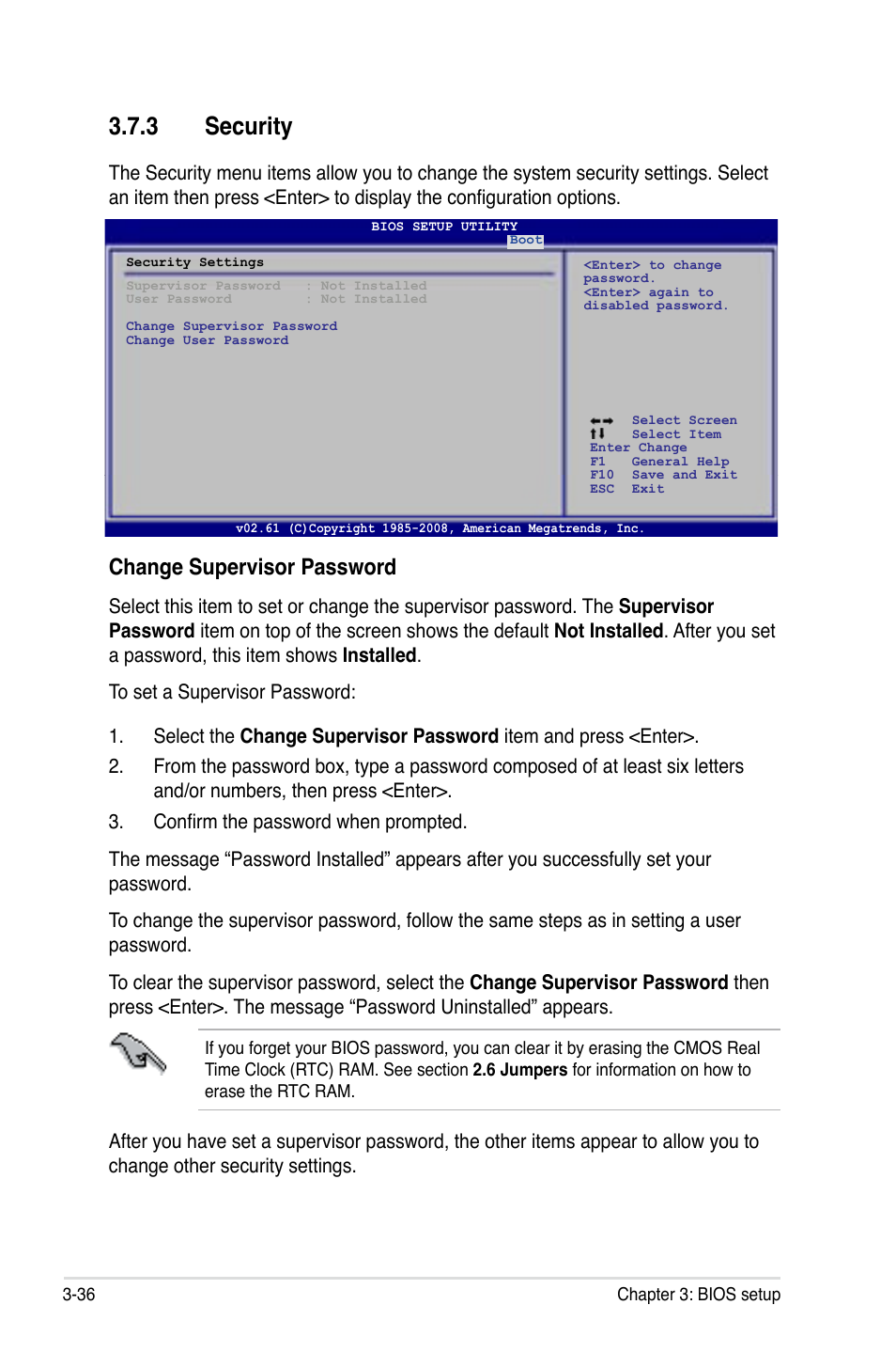 3 security, Security -36, Change supervisor password | Asus P5Q3 User Manual | Page 102 / 172