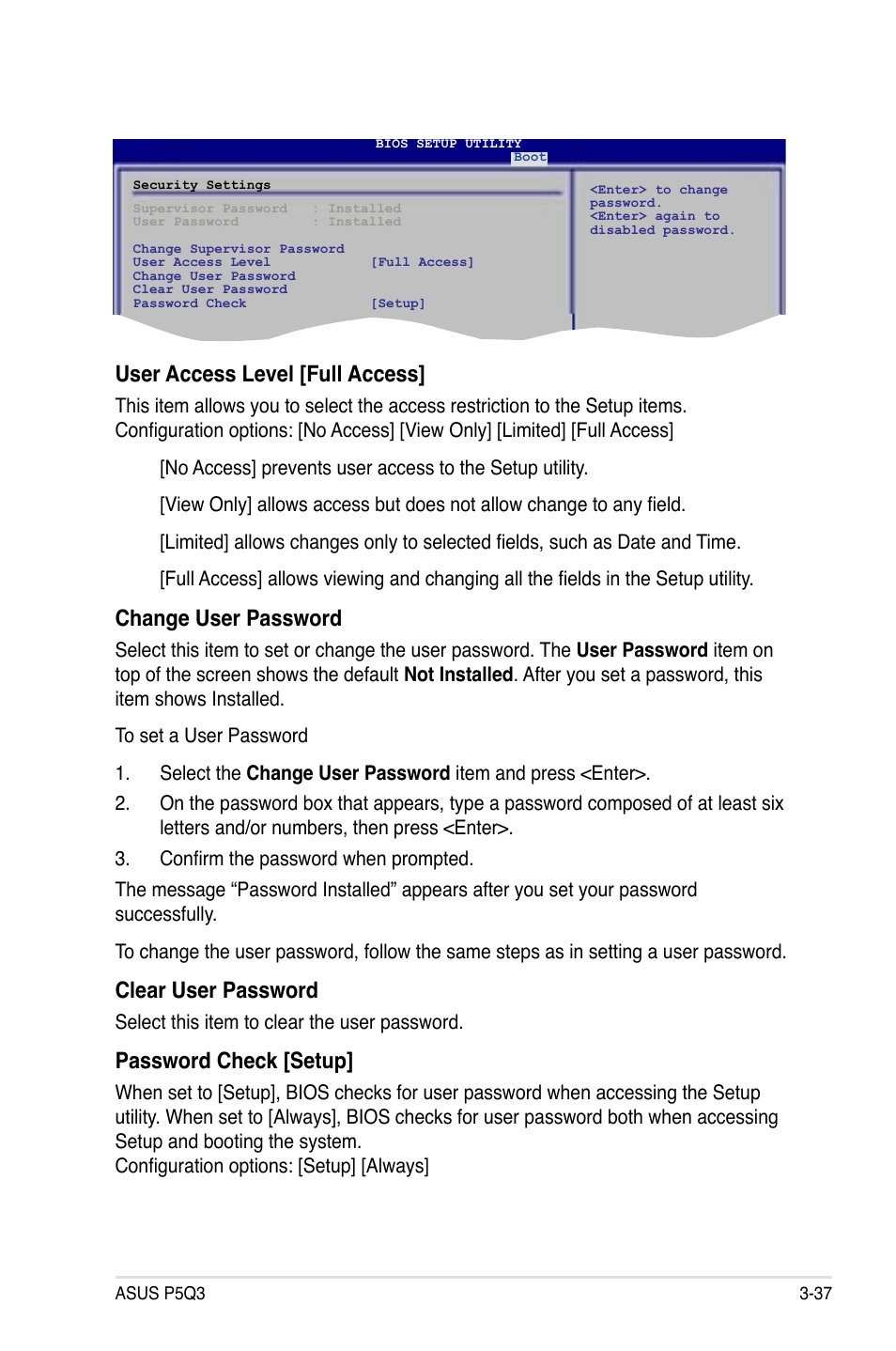 User access level [full access, Change user password, Clear user password | Password check [setup | Asus P5Q3 User Manual | Page 103 / 172