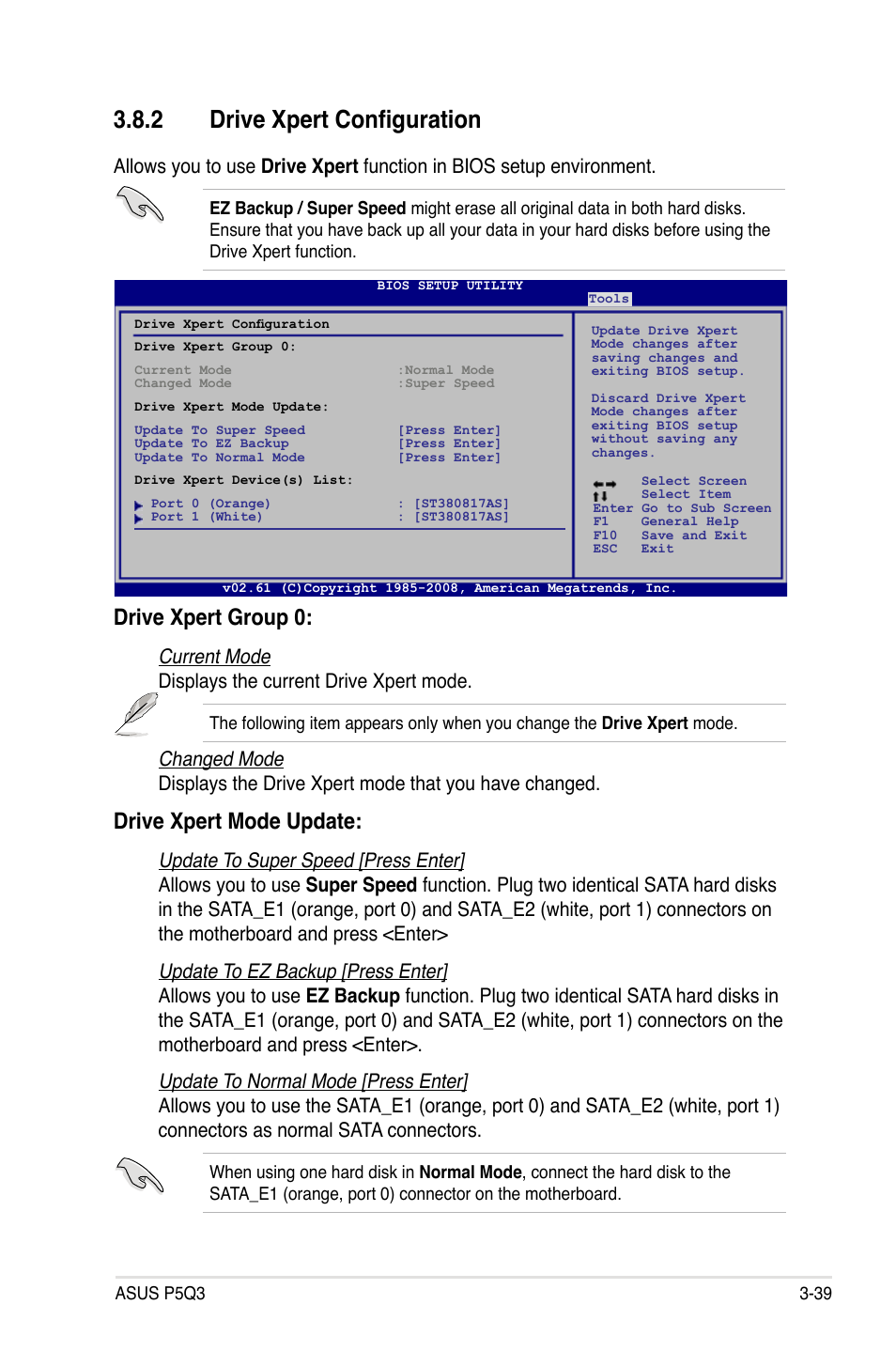 2 drive xpert configuration, Drive xpert configuration -39, Drive xpert group 0 | Drive xpert mode update, Current mode displays the current drive xpert mode | Asus P5Q3 User Manual | Page 105 / 172