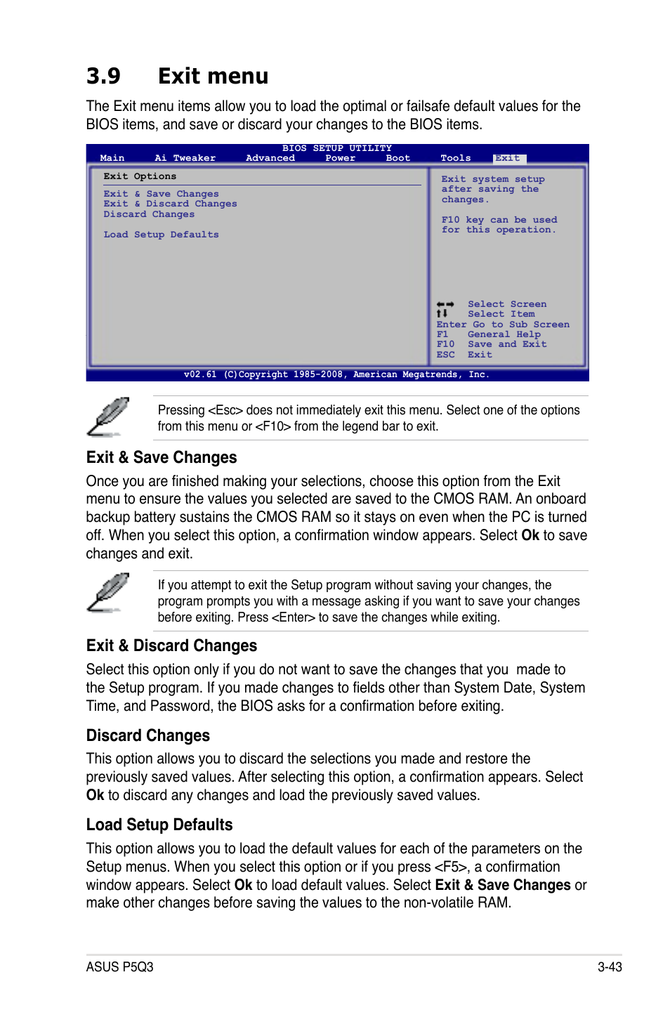 9 exit menu, Exit menu -43, Exit & save changes | Exit & discard changes, Discard changes, Load setup defaults | Asus P5Q3 User Manual | Page 109 / 172