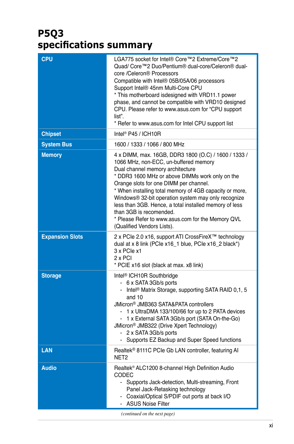 P5q3 specifications summary | Asus P5Q3 User Manual | Page 11 / 172