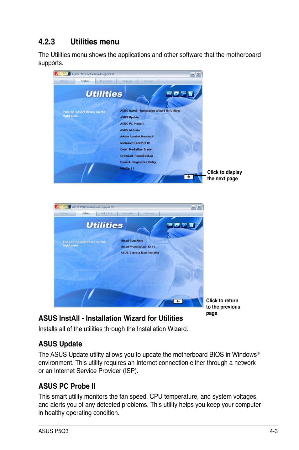 3 utilities menu, Asus install - installation wizard for utilities, Asus update | Asus pc probe ii | Asus P5Q3 User Manual | Page 115 / 172