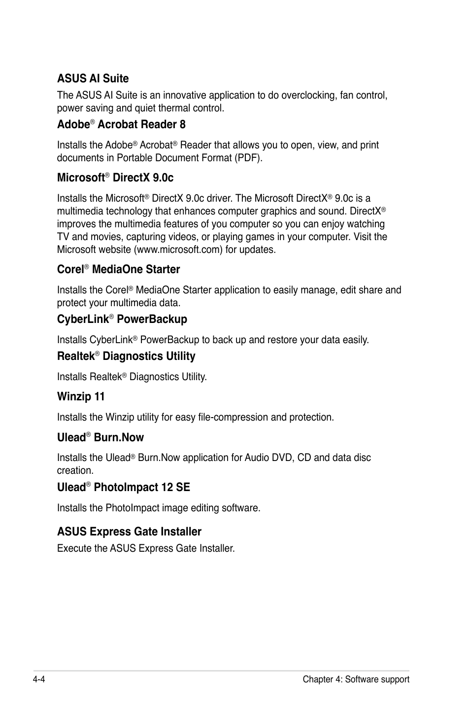 Asus ai suite, Adobe, Acrobat reader 8 | Microsoft, Directx 9.0c, Corel, Mediaone starter, Cyberlink, Powerbackup, Realtek | Asus P5Q3 User Manual | Page 116 / 172