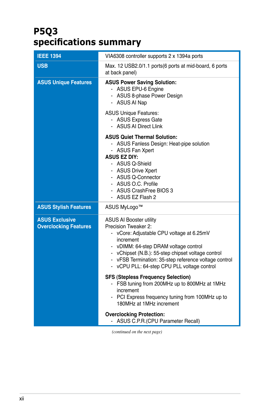 P5q3 specifications summary | Asus P5Q3 User Manual | Page 12 / 172