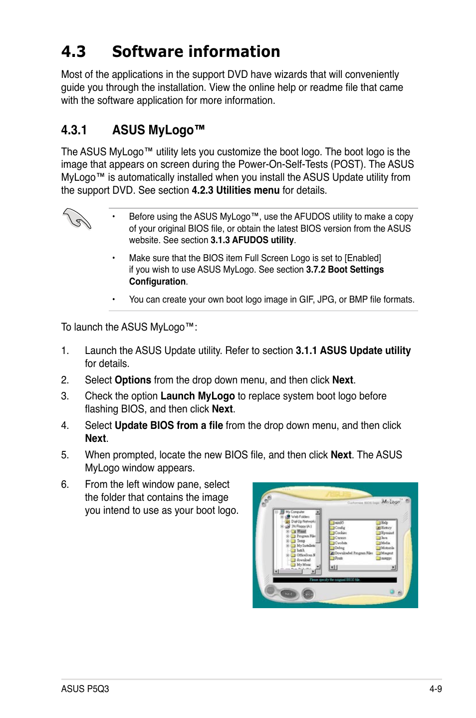 3 software information, 1 asus mylogo, Software information -9 4.3.1 | Asus mylogo™ -9 | Asus P5Q3 User Manual | Page 121 / 172