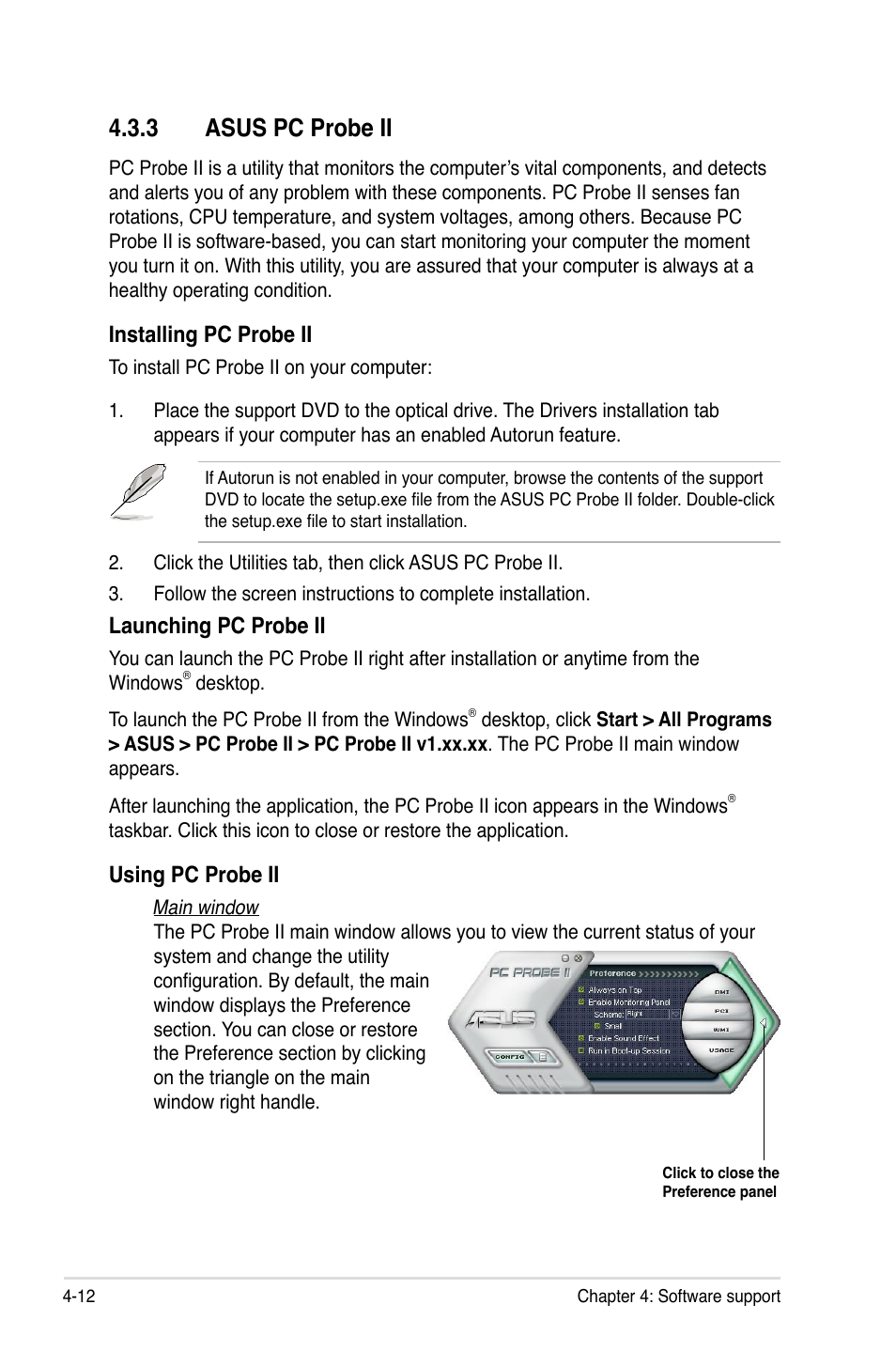 3 asus pc probe ii, Asus pc probe ii -12, Installing pc probe ii | Launching pc probe ii, Using pc probe ii | Asus P5Q3 User Manual | Page 124 / 172