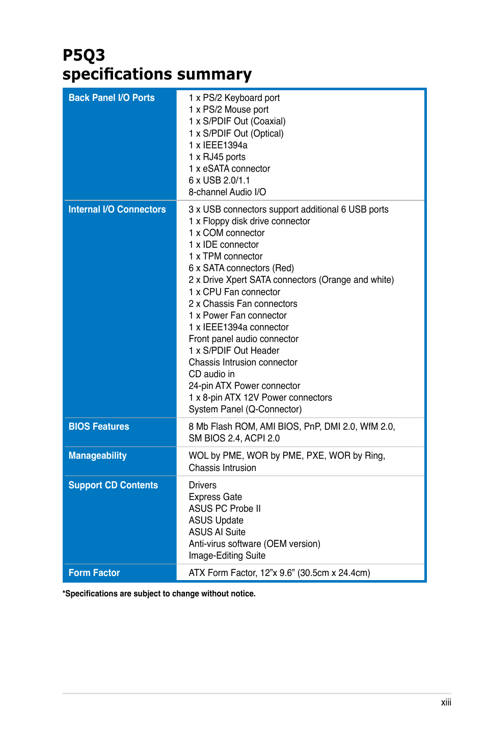 P5q3 specifications summary | Asus P5Q3 User Manual | Page 13 / 172