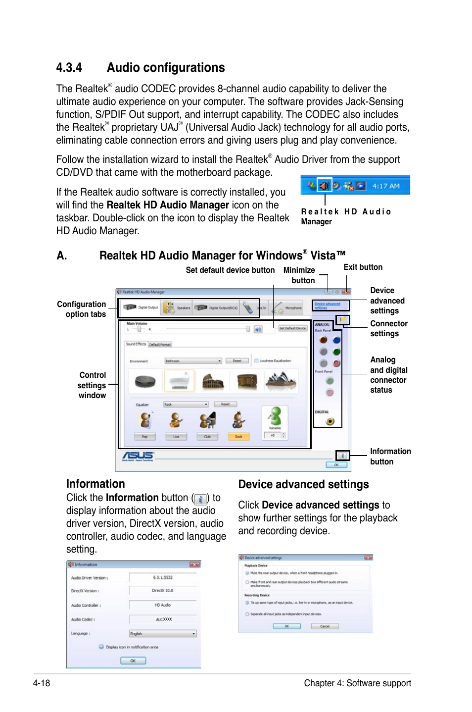 4 audio configurations, Audio configurations -18, A. realtek hd audio manager for windows | Vista, Information, Device advanced settings | Asus P5Q3 User Manual | Page 130 / 172