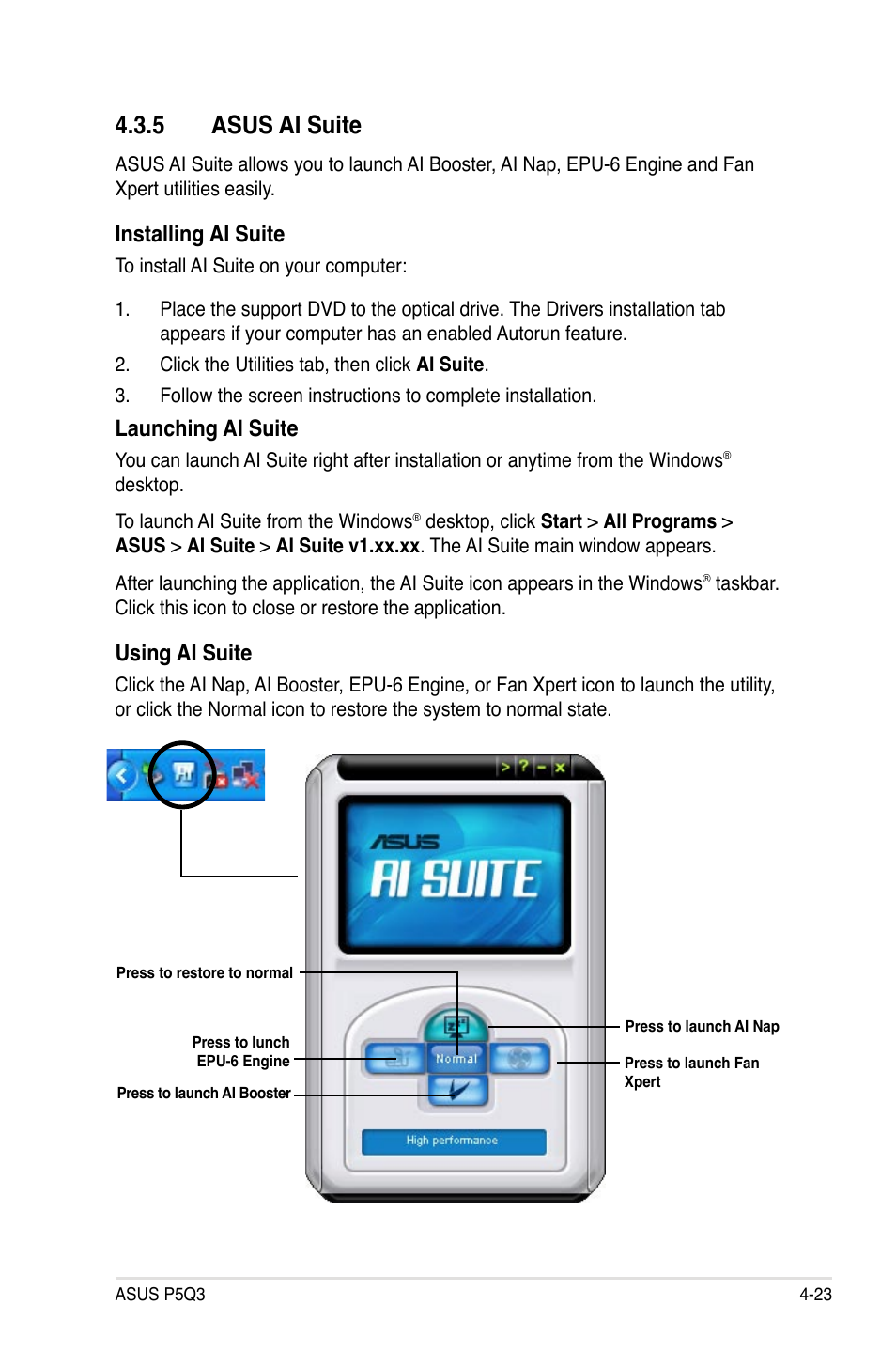 5 asus ai suite, 5 asus ai suite -23, Installing ai suite | Launching ai suite, Using ai suite | Asus P5Q3 User Manual | Page 135 / 172