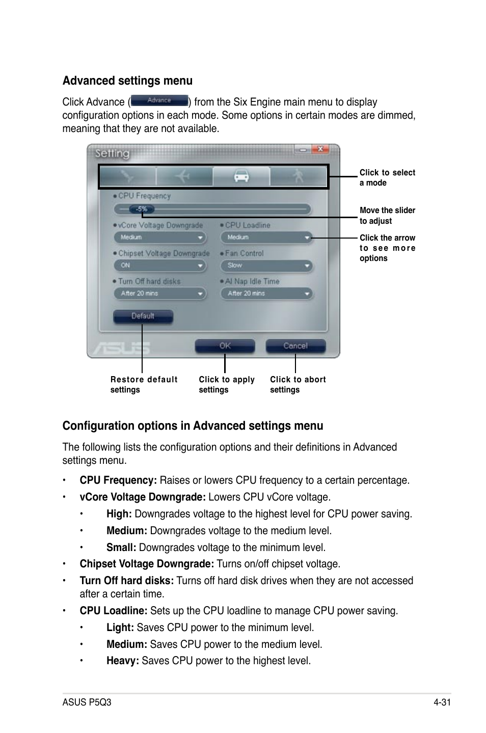 Advanced settings menu, Configuration options in advanced settings menu | Asus P5Q3 User Manual | Page 143 / 172