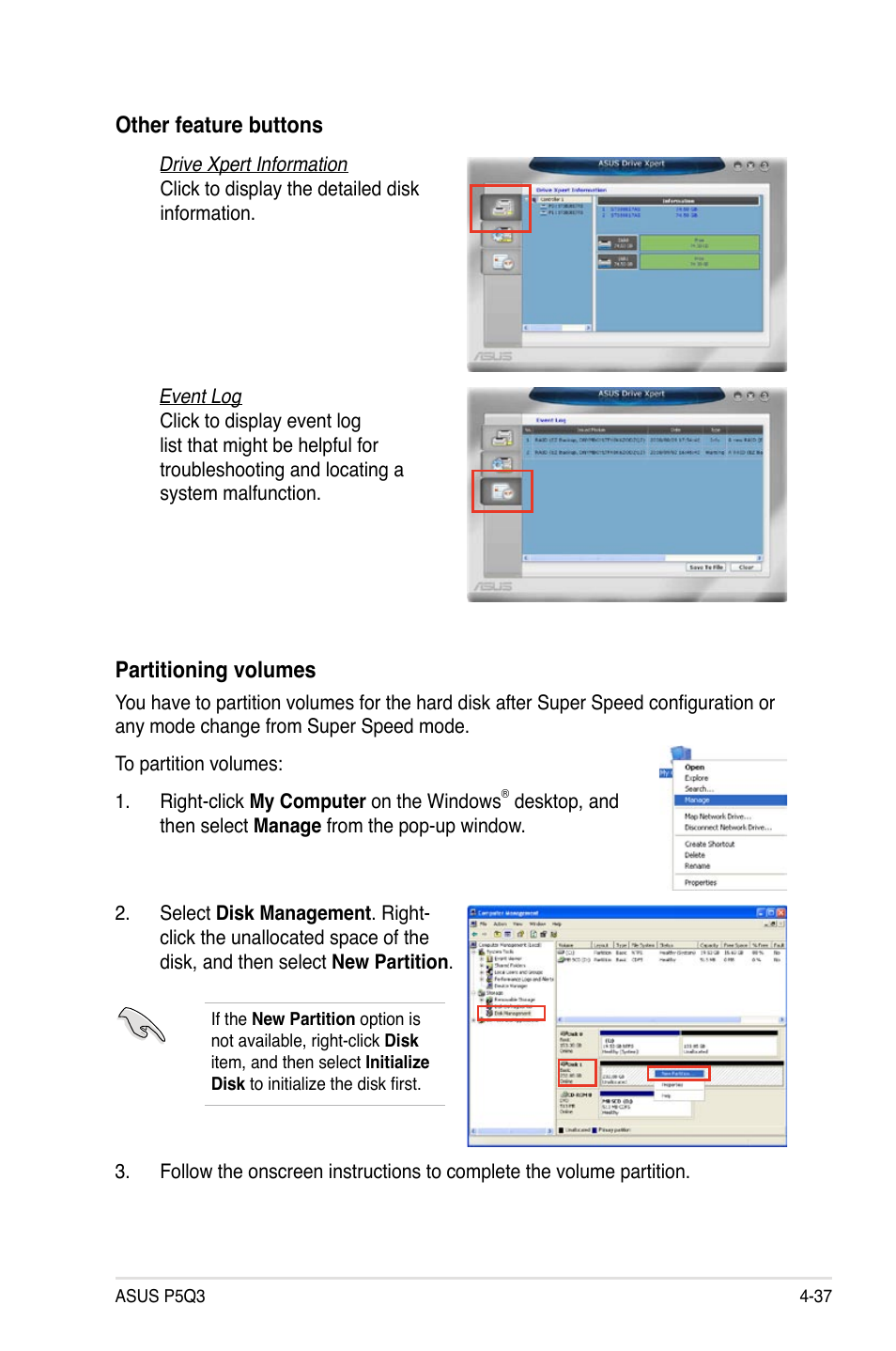 Partitioning volumes, Other feature buttons | Asus P5Q3 User Manual | Page 149 / 172