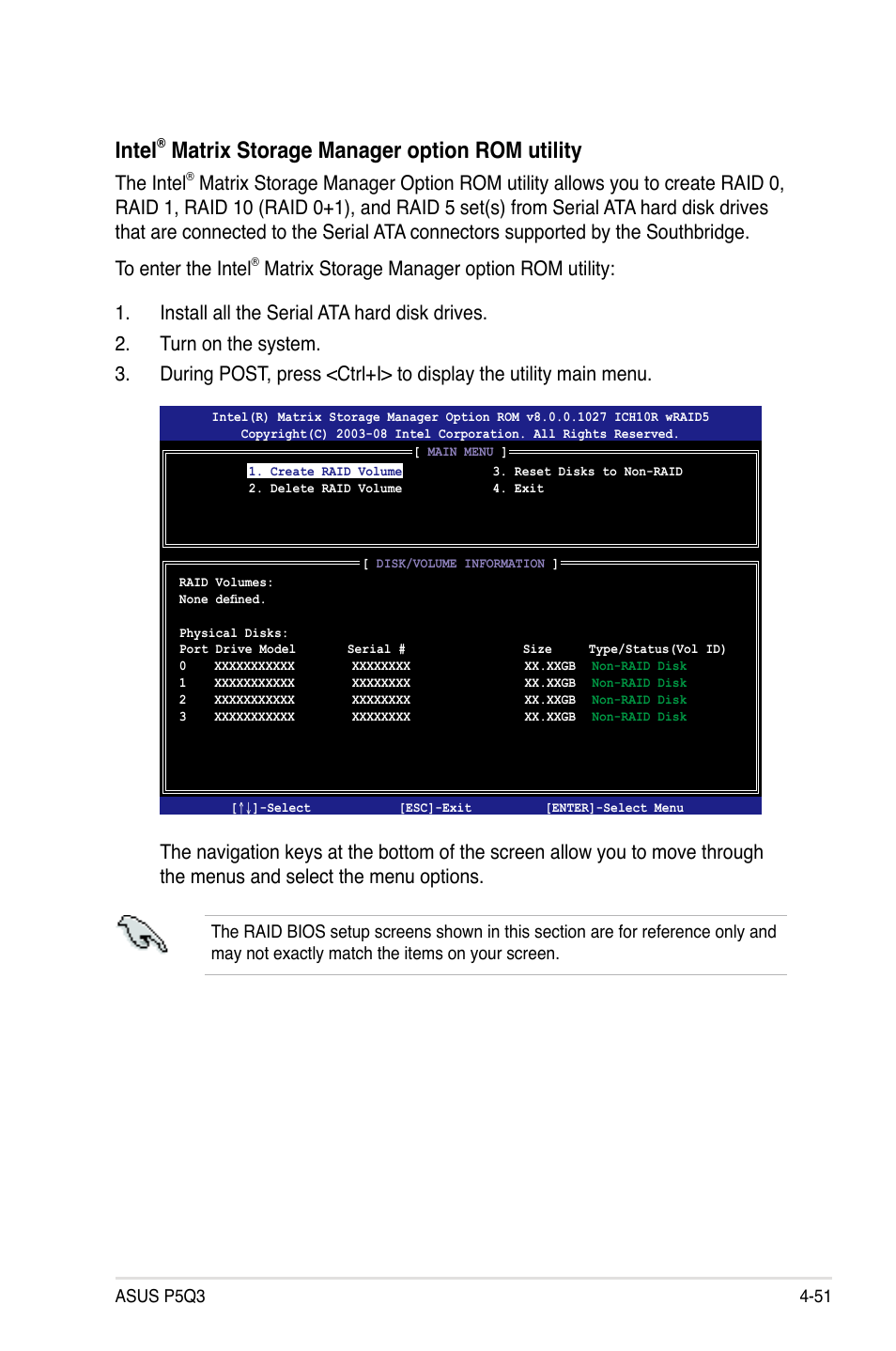 Intel, Matrix storage manager option rom utility, The intel | Asus P5Q3 User Manual | Page 163 / 172