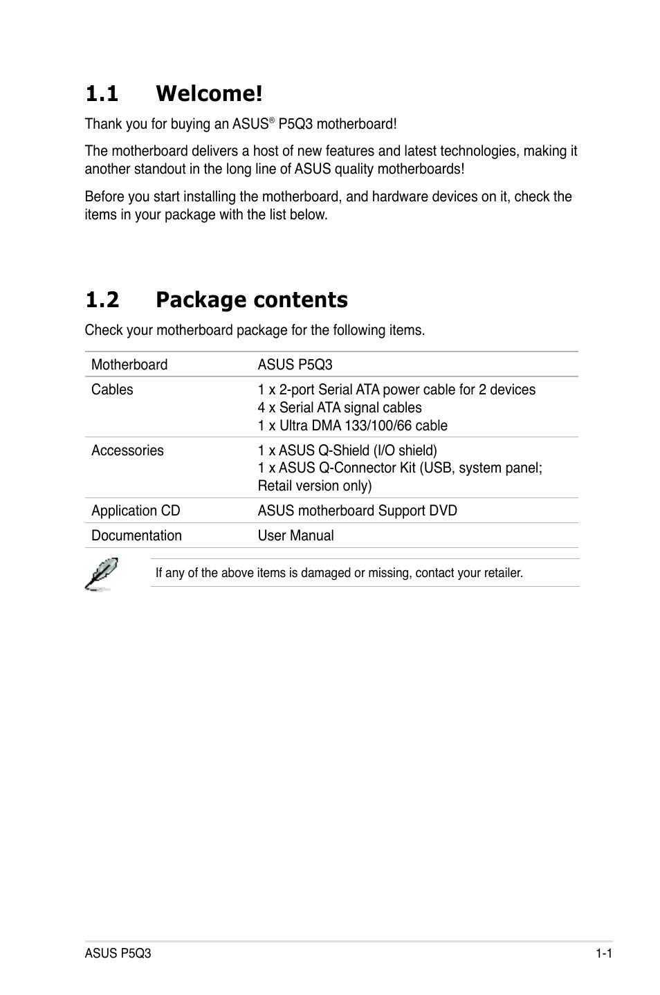 1 welcome, 2 package contents, Welcome! -1 | Package contents -1 | Asus P5Q3 User Manual | Page 17 / 172