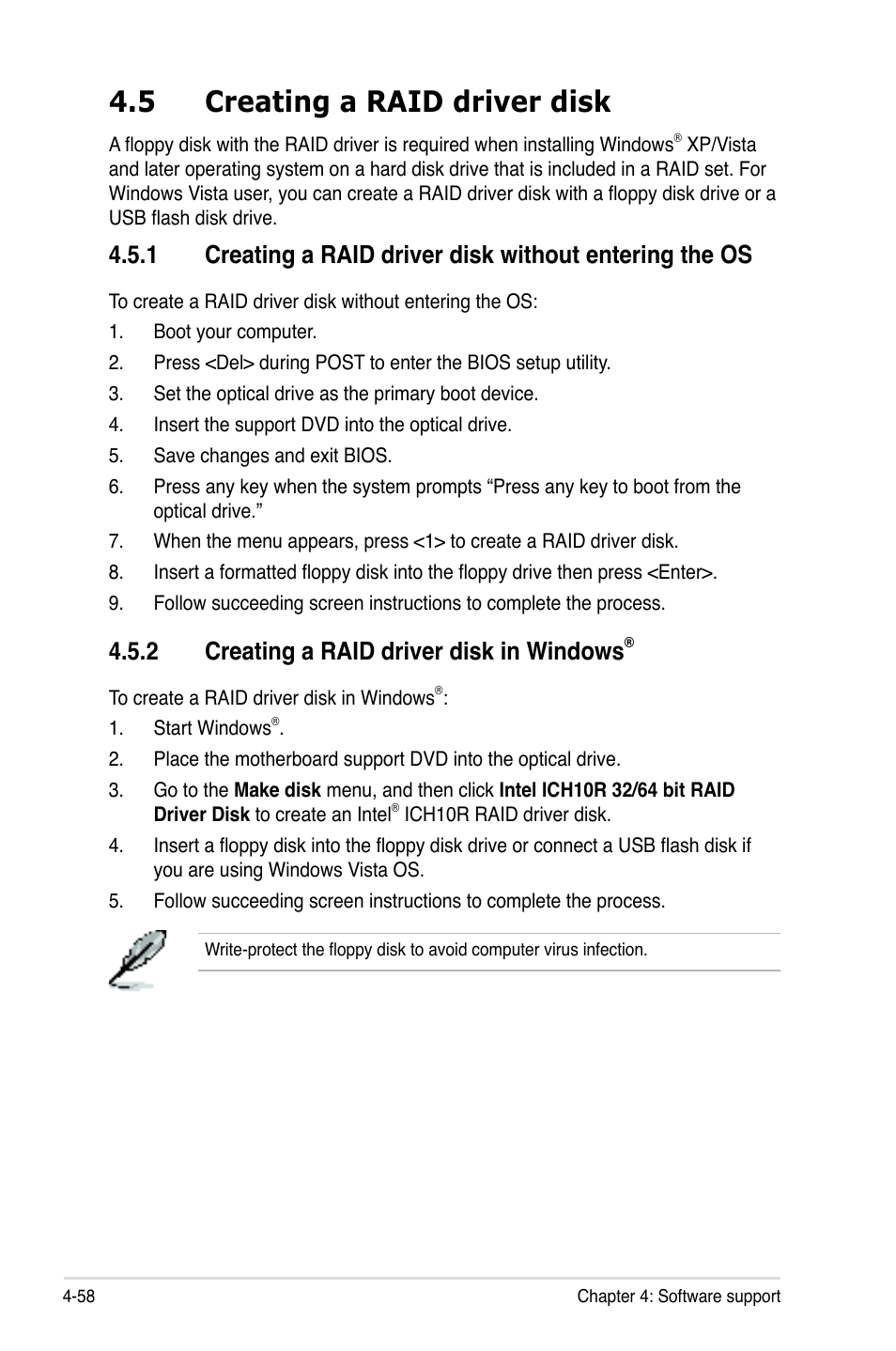 5 creating a raid driver disk, 2 creating a raid driver disk in windows, Creating a raid driver disk -58 4.5.1 | Creating a raid driver disk in windows® -58 | Asus P5Q3 User Manual | Page 170 / 172