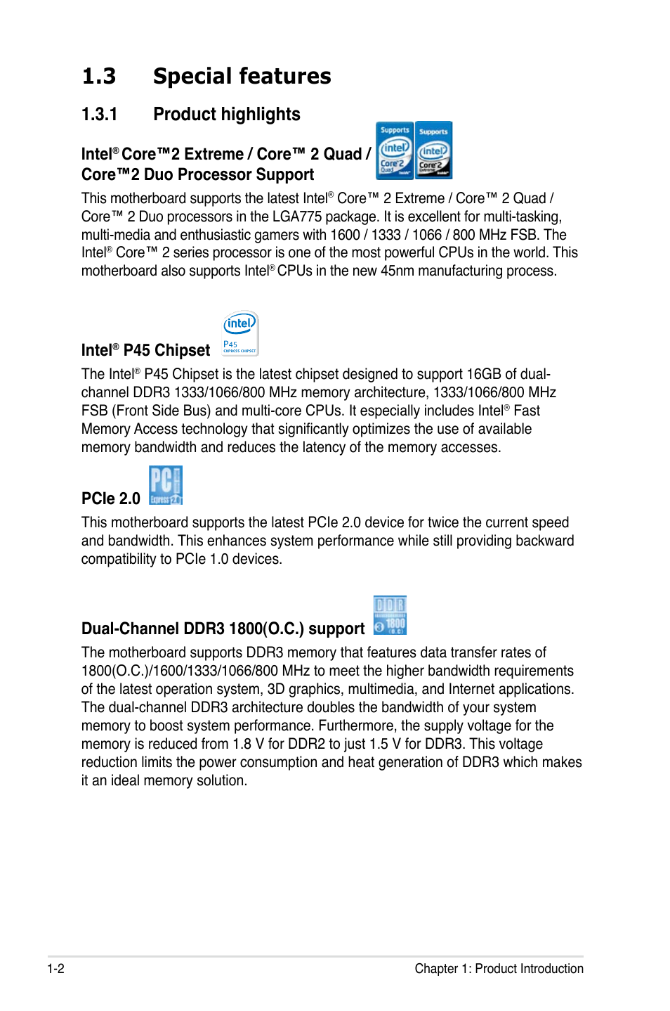 3 special features, 1 product highlights, Special features -2 1.3.1 | Product highlights -2 | Asus P5Q3 User Manual | Page 18 / 172