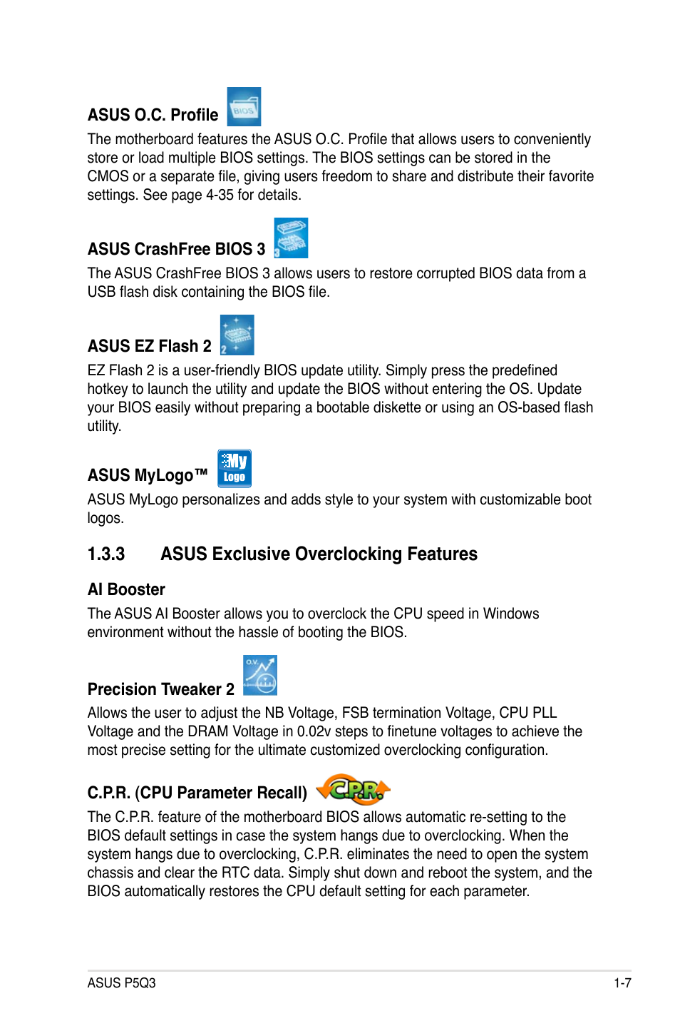 3 asus exclusive overclocking features, Asus exclusive overclocking features -7 | Asus P5Q3 User Manual | Page 23 / 172