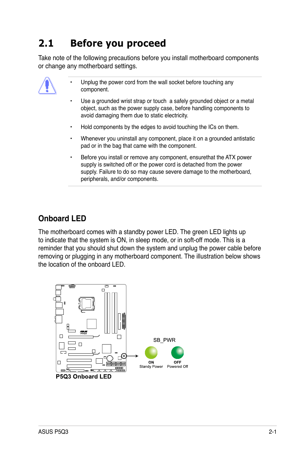 1 before you proceed, Before you proceed -1, Onboard led | Asus P5Q3 User Manual | Page 27 / 172