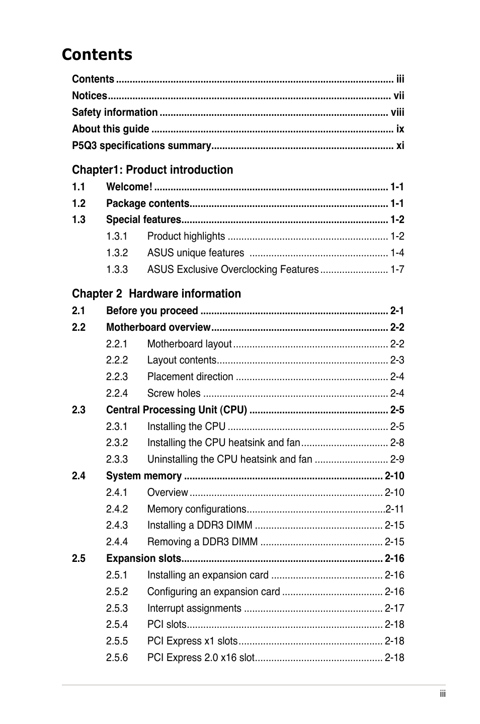 Asus P5Q3 User Manual | Page 3 / 172