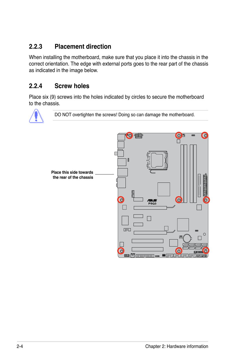 3 placement direction, 4 screw holes, Placement direction -4 | Screw holes -4 | Asus P5Q3 User Manual | Page 30 / 172