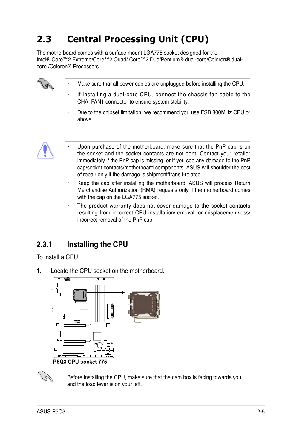 3 central processing unit (cpu), 1 installing the cpu, Central processing unit (cpu) -5 2.3.1 | Installing the cpu -5 | Asus P5Q3 User Manual | Page 31 / 172