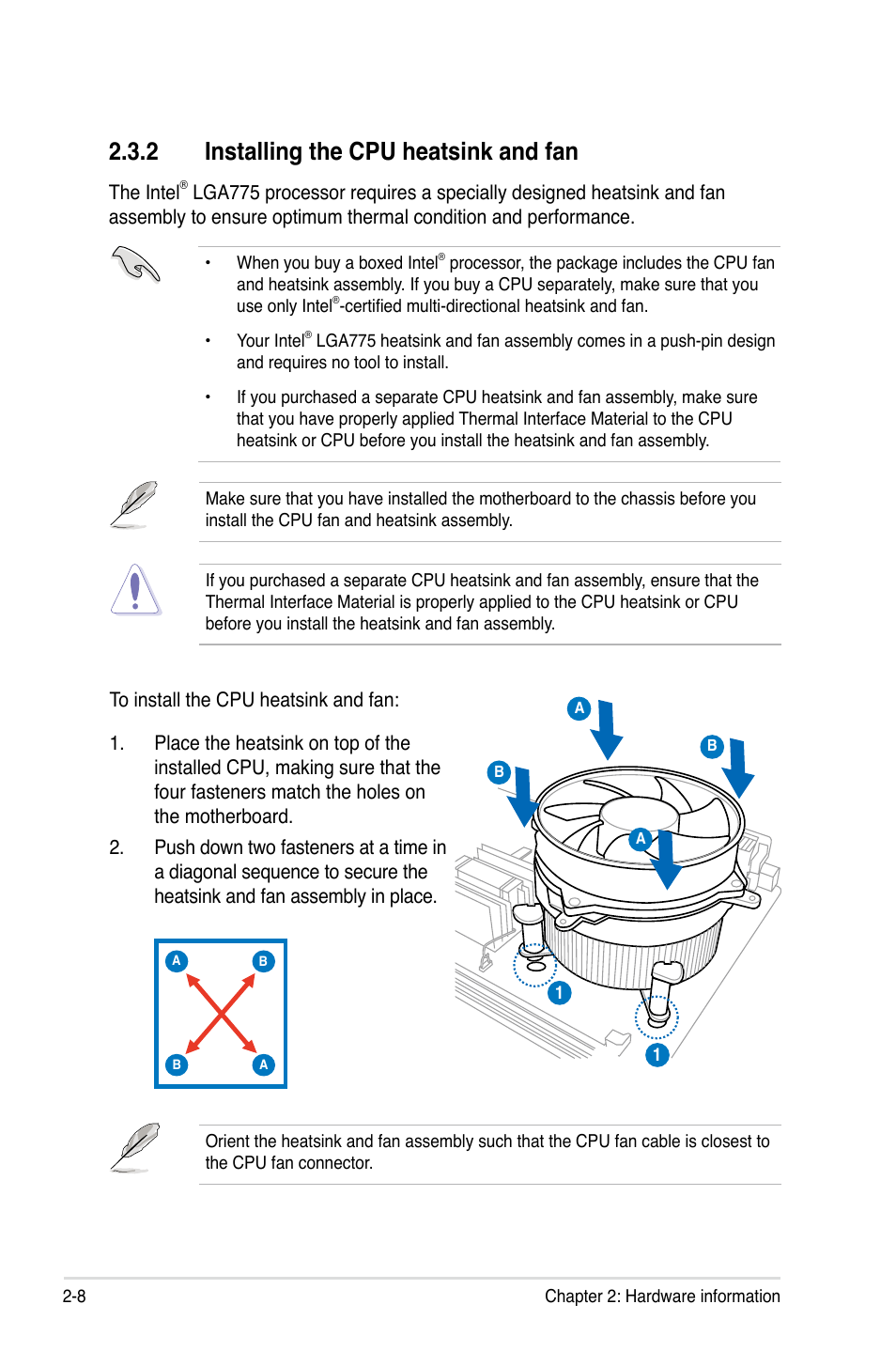 2 installing the cpu heatsink and fan, Installing the cpu heatsink and fan -8 | Asus P5Q3 User Manual | Page 34 / 172