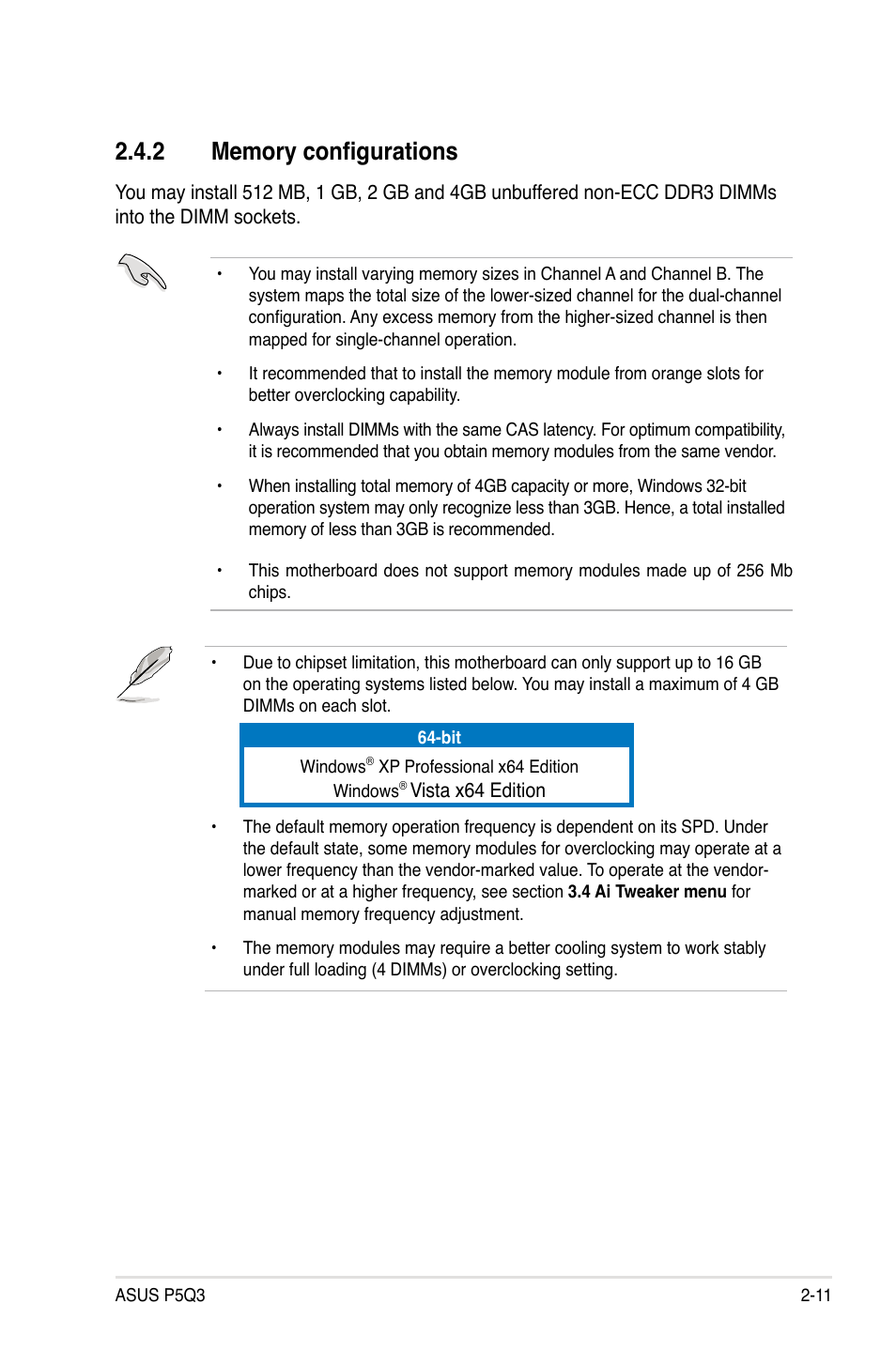 2 memory configurations, Memory configurations -11 | Asus P5Q3 User Manual | Page 37 / 172