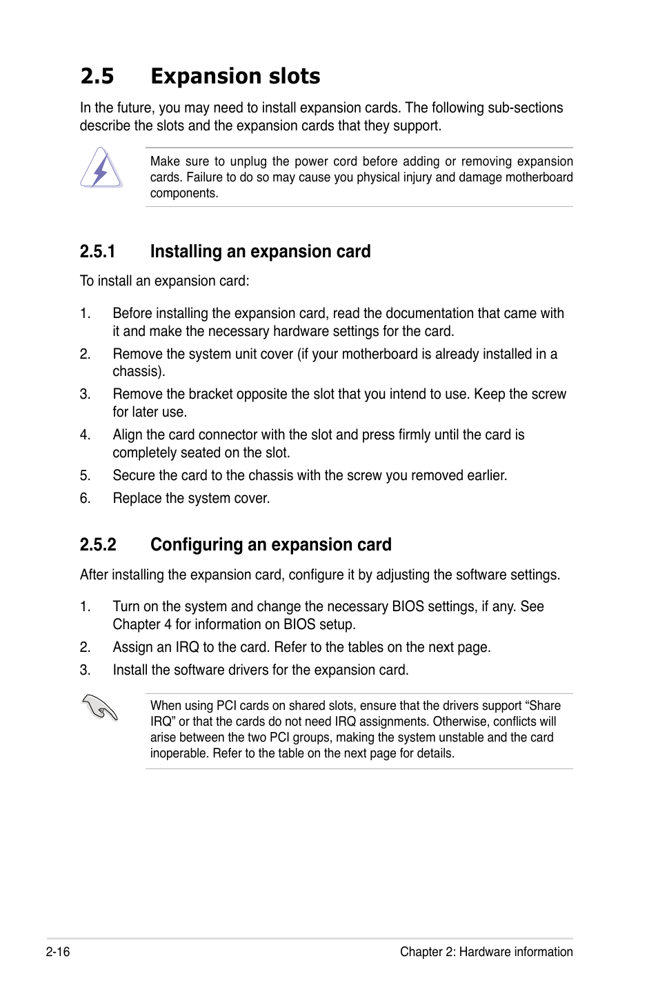 5 expansion slots, 1 installing an expansion card, 2 configuring an expansion card | Expansion slots -16 2.5.1, Installing an expansion card -16, Configuring an expansion card -16 | Asus P5Q3 User Manual | Page 42 / 172