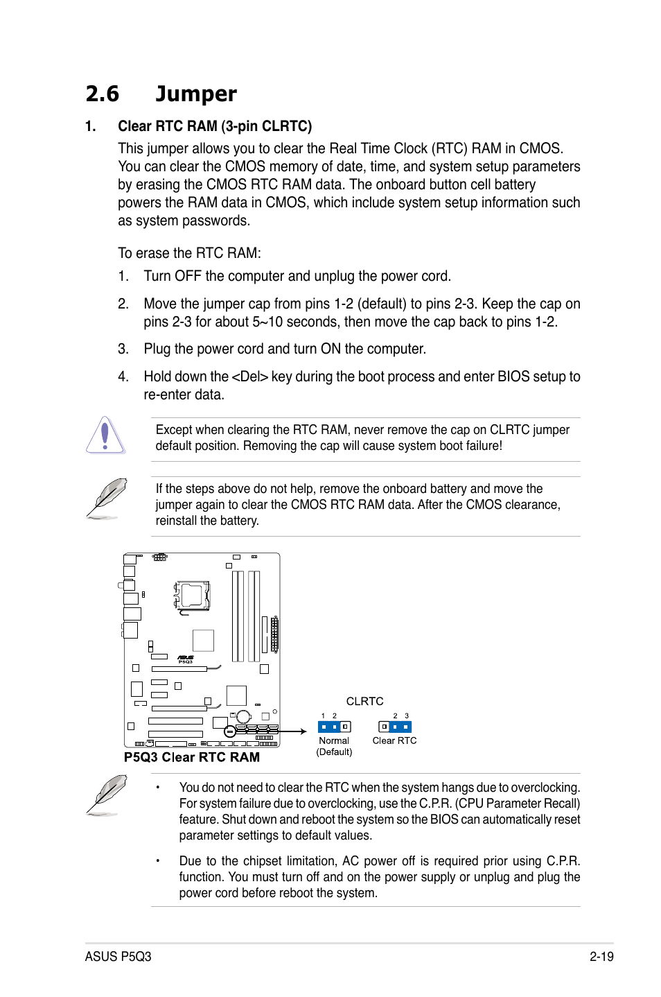 6 jumper, Jumper -19 | Asus P5Q3 User Manual | Page 45 / 172