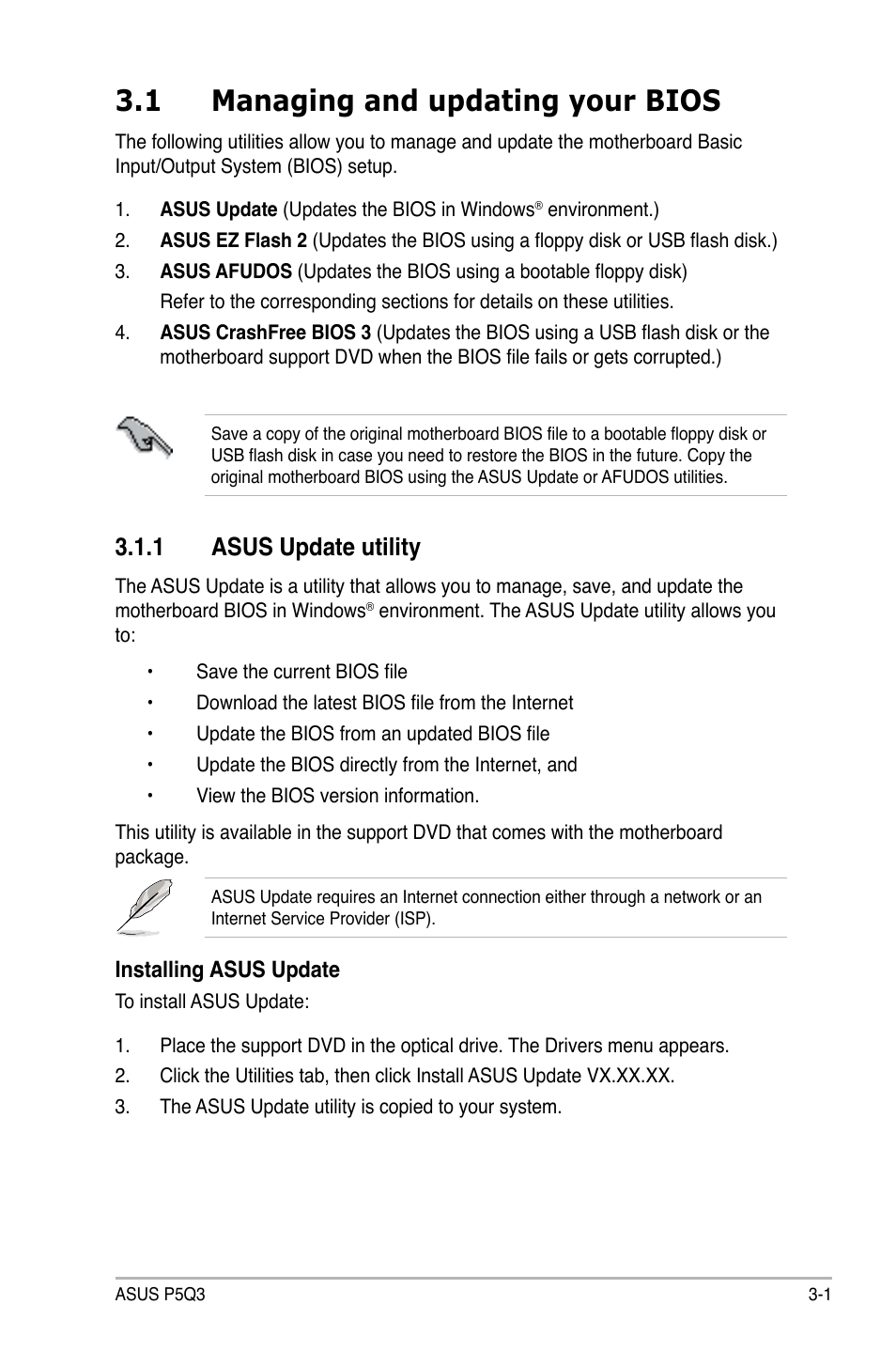 1 managing and updating your bios, 1 asus update utility, Managing and updating your bios -1 3.1.1 | Asus update utility -1 | Asus P5Q3 User Manual | Page 67 / 172