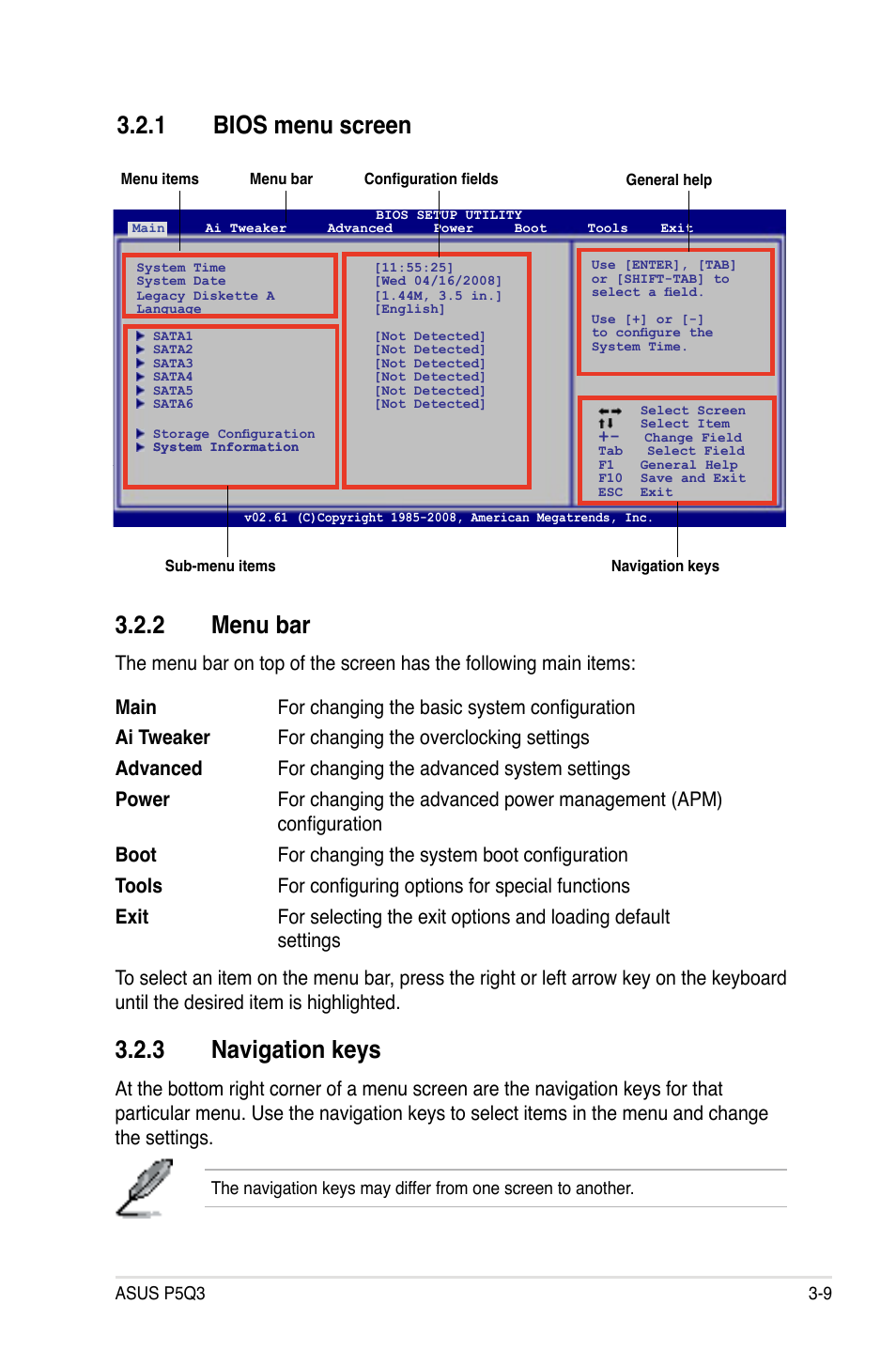 1 bios menu screen, 2 menu bar, 3 navigation keys | Bios menu screen -9, Menu bar -9, Navigation keys -9 | Asus P5Q3 User Manual | Page 75 / 172