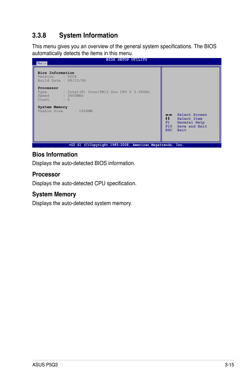 8 system information, System information -15, Bios information | Processor, Displays the auto-detected bios information, Displays the auto-detected cpu specification | Asus P5Q3 User Manual | Page 81 / 172