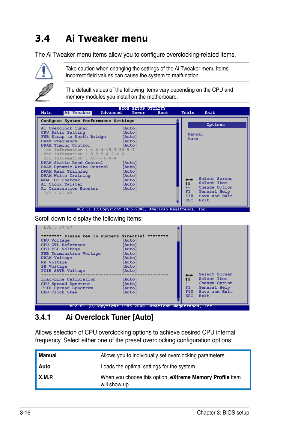 4 ai tweaker menu, 1 ai overclock tuner [auto, Ai tweaker menu -16 3.4.1 | Ai overclock tuner [auto] -16, Scroll down to display the following items, 16 chapter 3: bios setup | Asus P5Q3 User Manual | Page 82 / 172