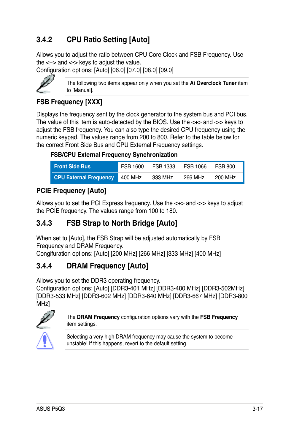 2 cpu ratio setting [auto, 3 fsb strap to north bridge [auto, 4 dram frequency [auto | Cpu ratio setting [auto] -17, Fsb strap to north bridge [auto] -17, Dram frequency [auto] -17 | Asus P5Q3 User Manual | Page 83 / 172