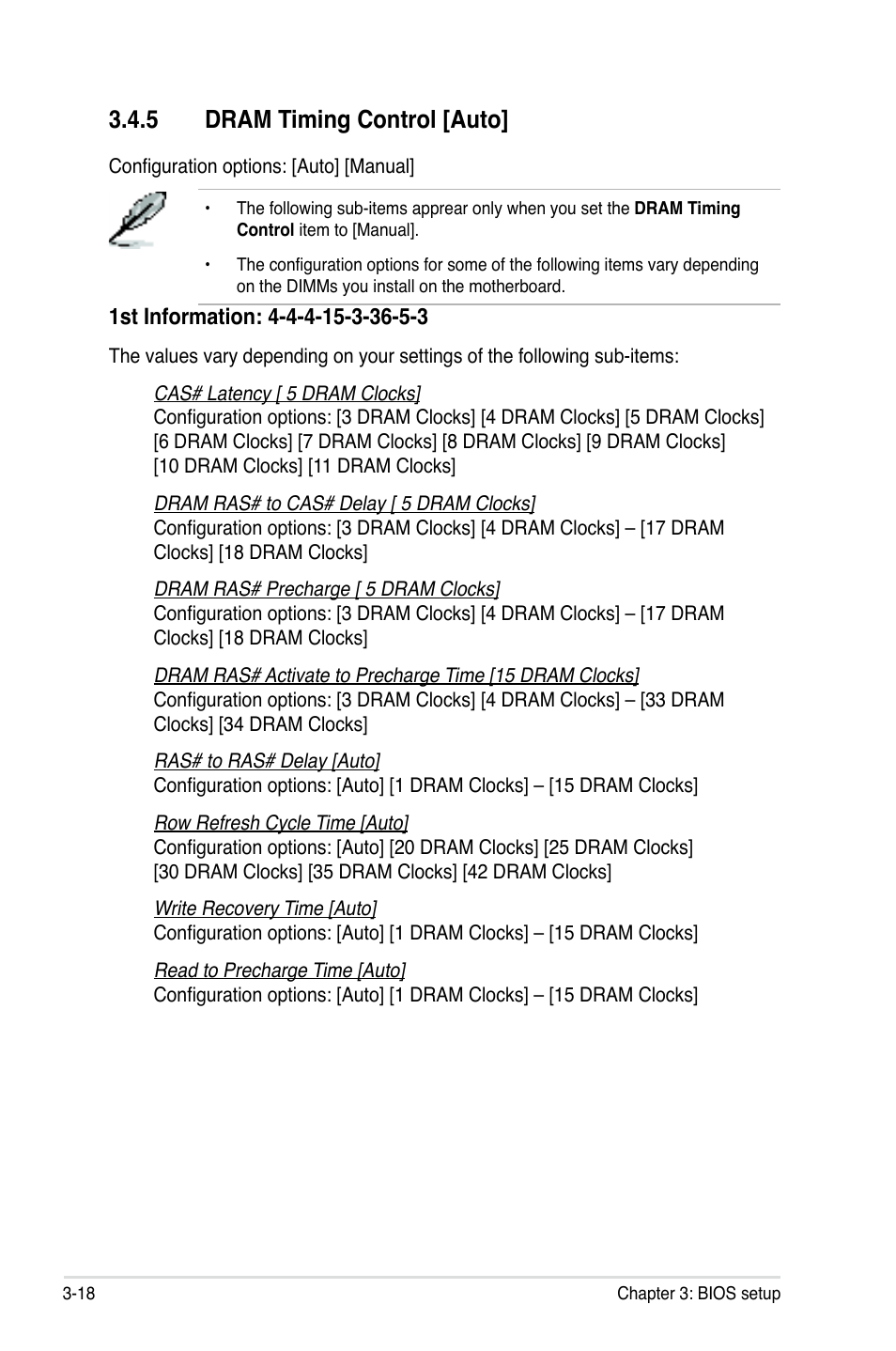 5 dram timing control [auto, Dram timing control [auto] -18 | Asus P5Q3 User Manual | Page 84 / 172