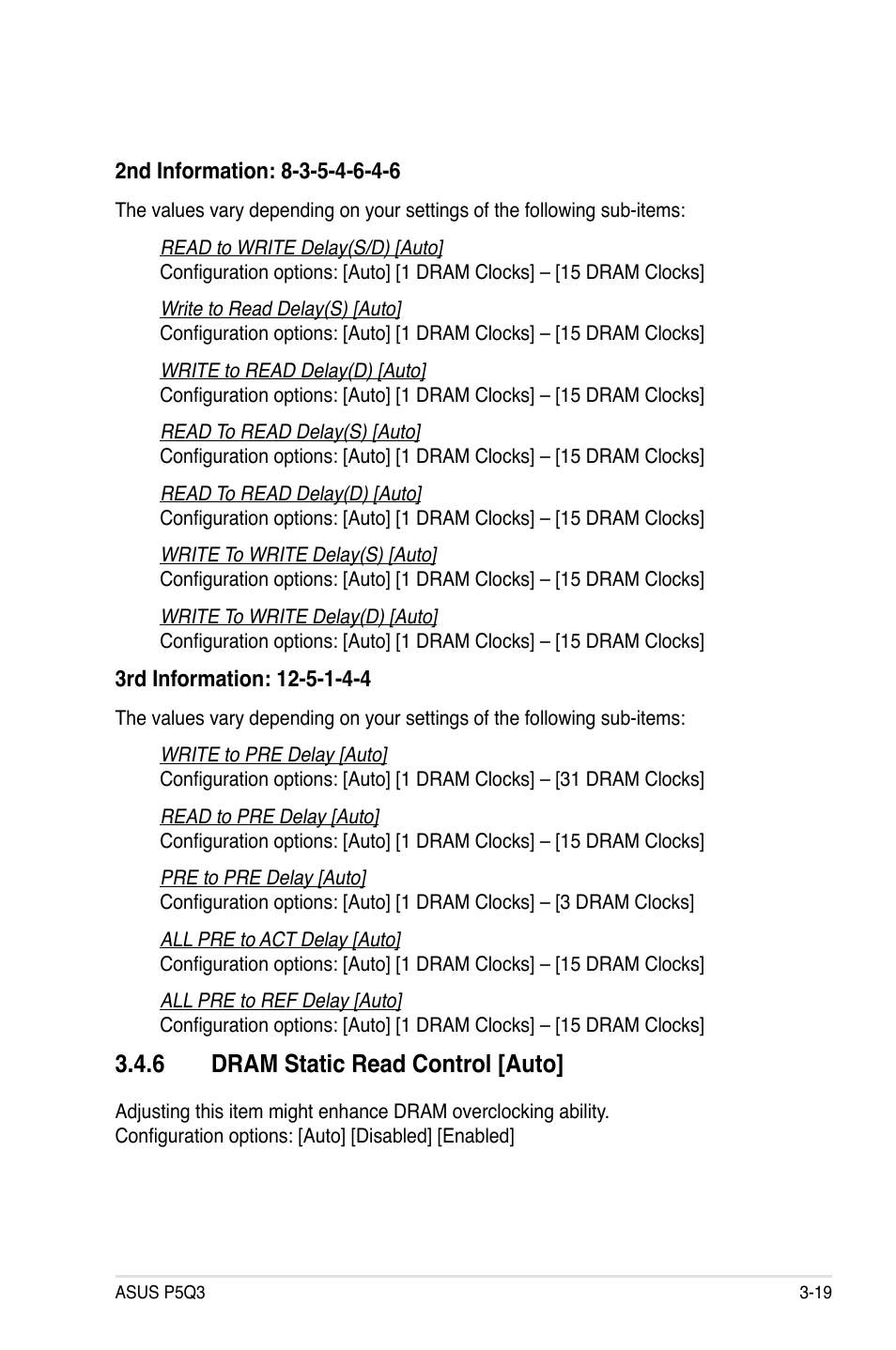 6 dram static read control [auto, Dram static read control [auto] -19 | Asus P5Q3 User Manual | Page 85 / 172