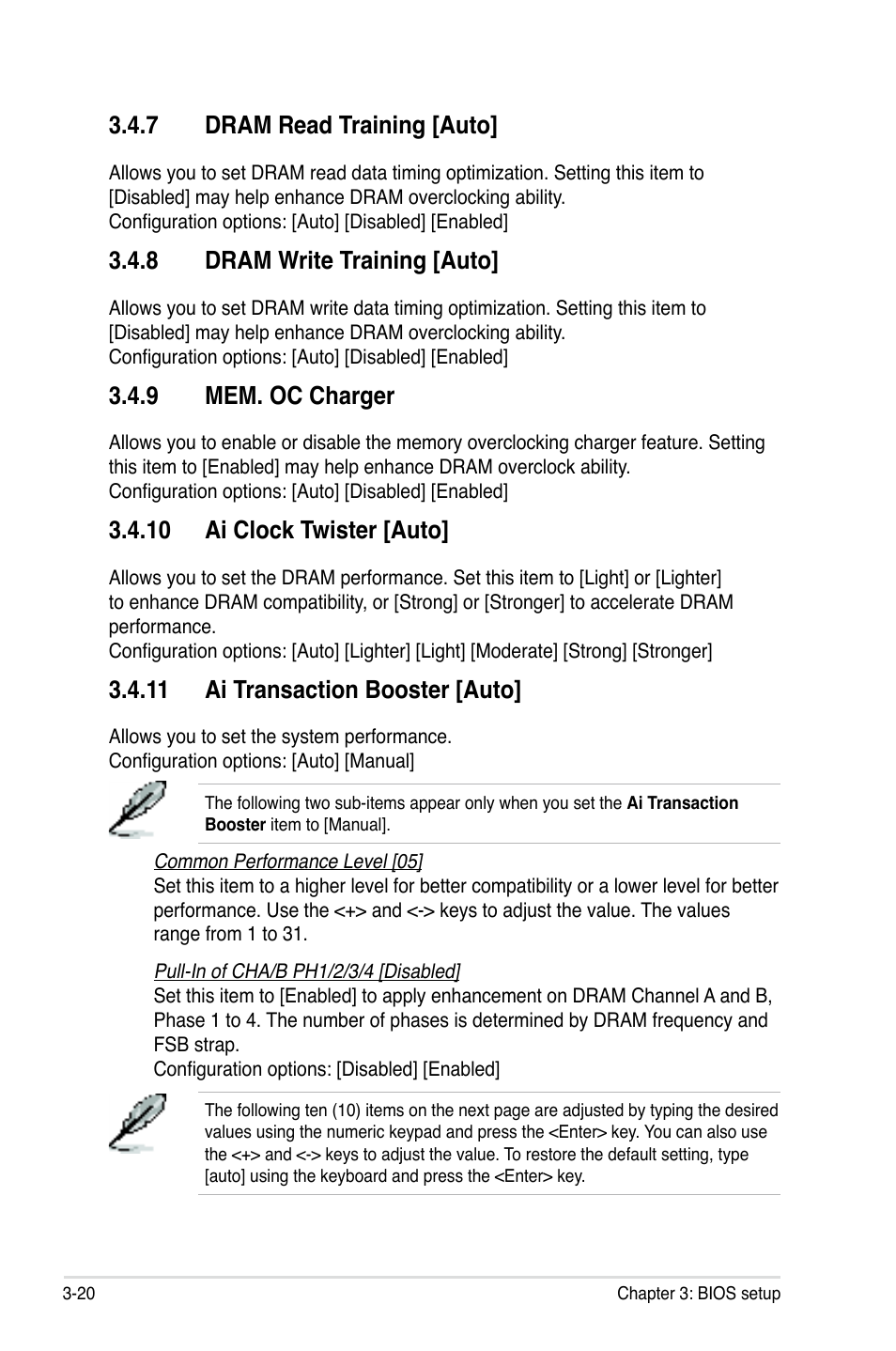 7 dram read training [auto, 8 dram write training [auto, 9 mem. oc charger | 10 ai clock twister [auto, 11 ai transaction booster [auto, Dram read training [auto] -20, Dram write training [auto] -20, Mem. oc charger -20 | Asus P5Q3 User Manual | Page 86 / 172