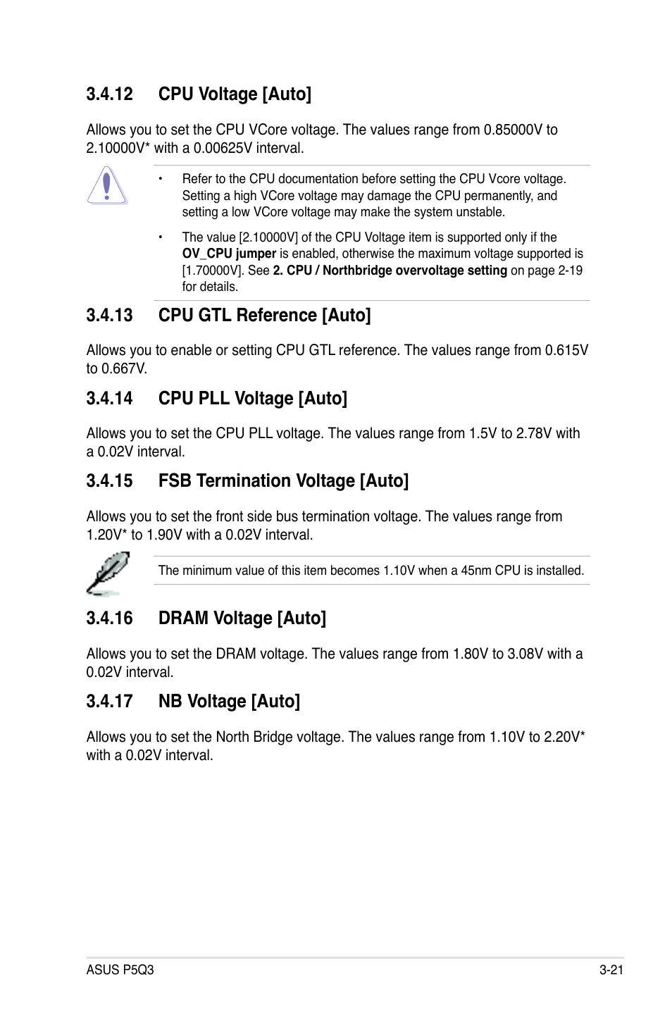 12 cpu voltage [auto, 13 cpu gtl reference [auto, 14 cpu pll voltage [auto | 15 fsb termination voltage [auto, 16 dram voltage [auto, 17 nb voltage [auto | Asus P5Q3 User Manual | Page 87 / 172