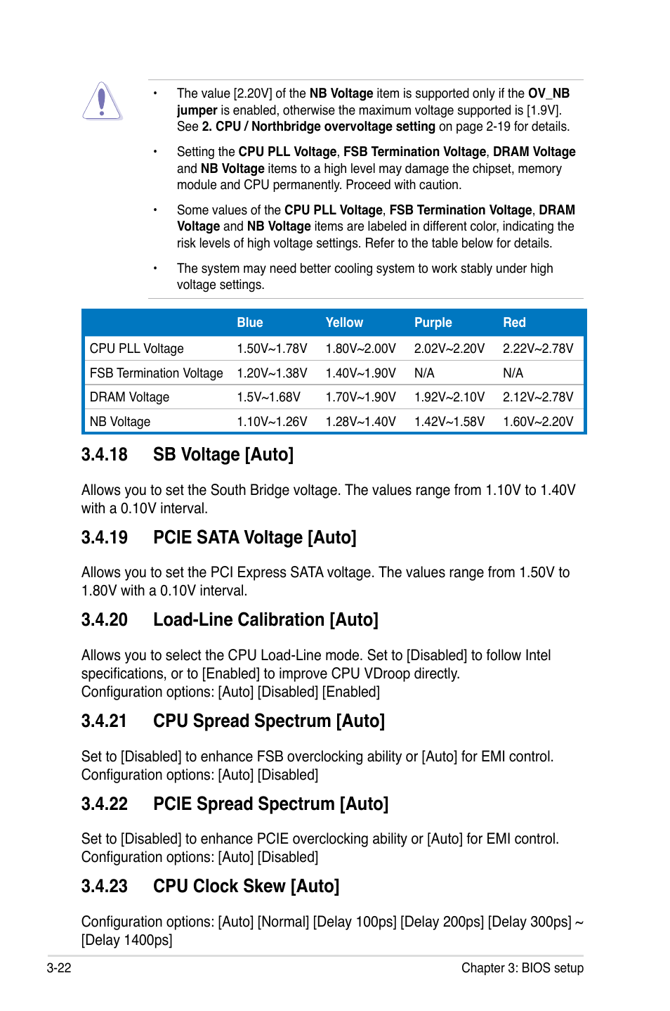 18 sb voltage [auto, 19 pcie sata voltage [auto, 20 load-line calibration [auto | 21 cpu spread spectrum [auto, 22 pcie spread spectrum [auto, 23 cpu clock skew [auto | Asus P5Q3 User Manual | Page 88 / 172