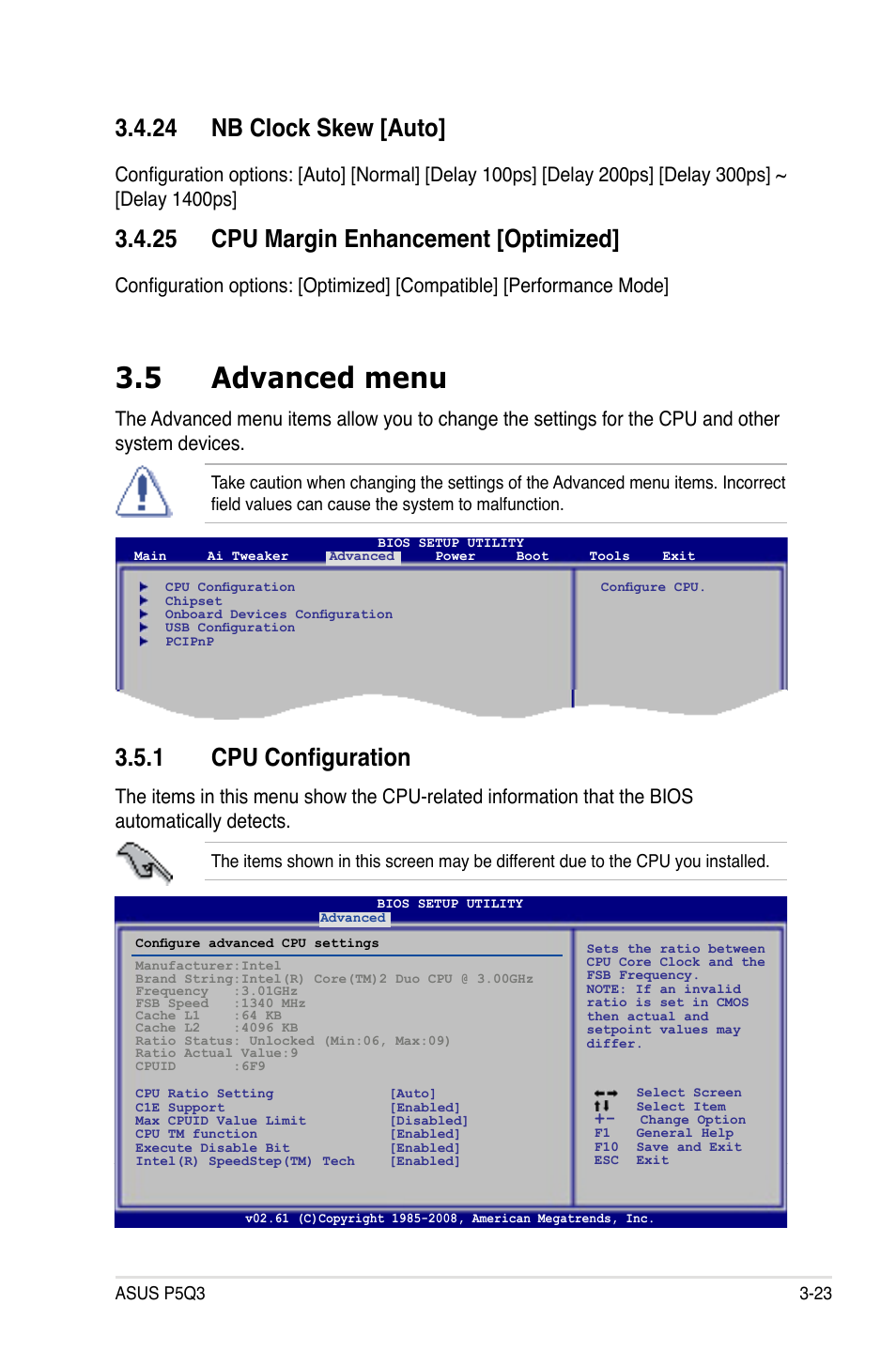 24 nb clock skew [auto, 25 cpu margin enhancement [optimized, 5 advanced menu | 1 cpu configuration, Advanced menu -23 3.5.1, Cpu configuration -23 | Asus P5Q3 User Manual | Page 89 / 172